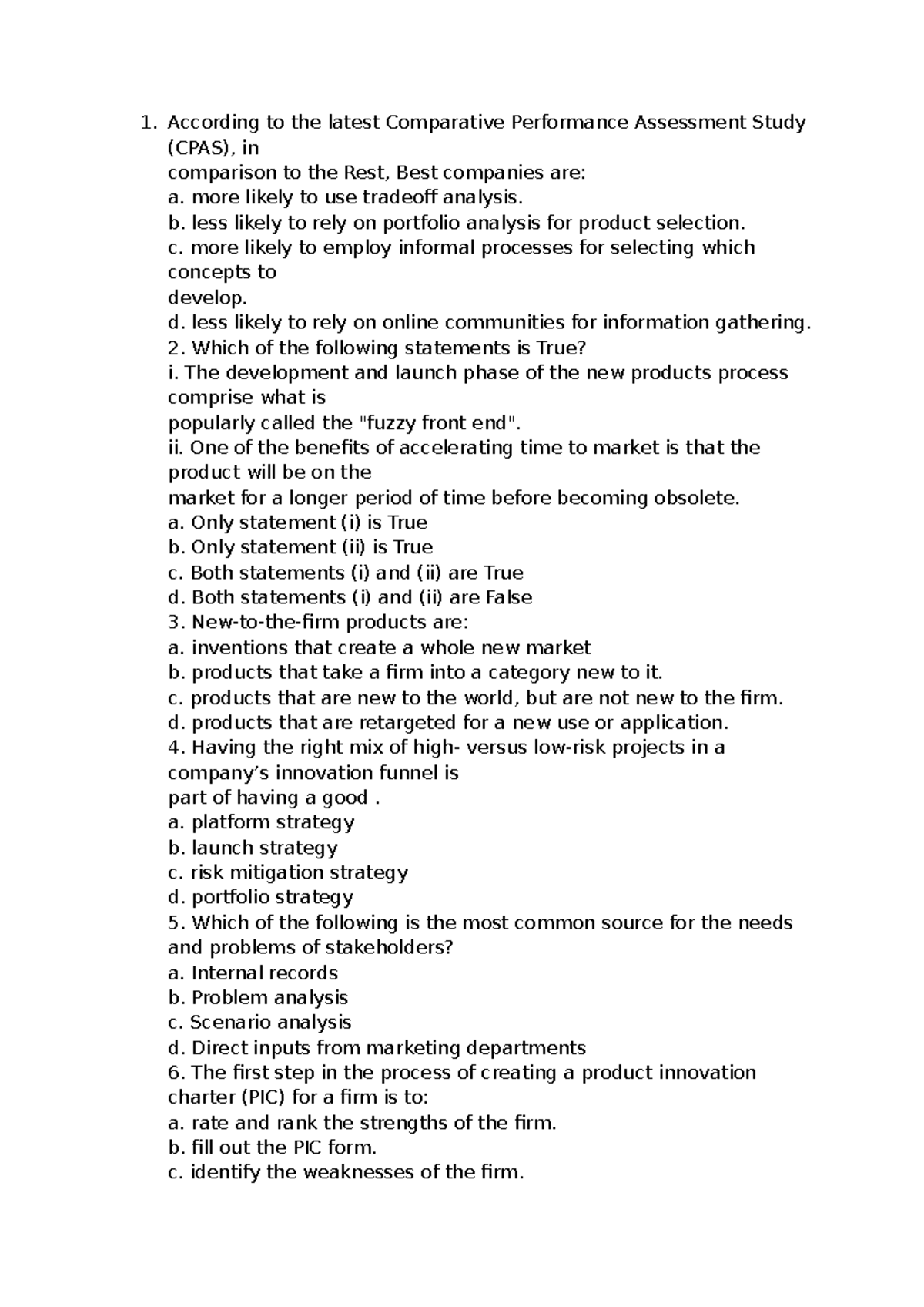 Practice Questions for Product Innovation (PIN 101) - Studeersnel