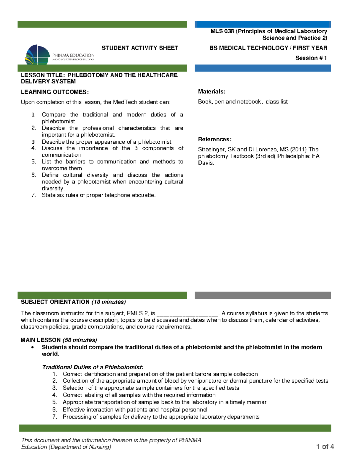 PMLS 2 SAS Module 1 - Phlebotomy Lecture Notes and Activities - Studocu