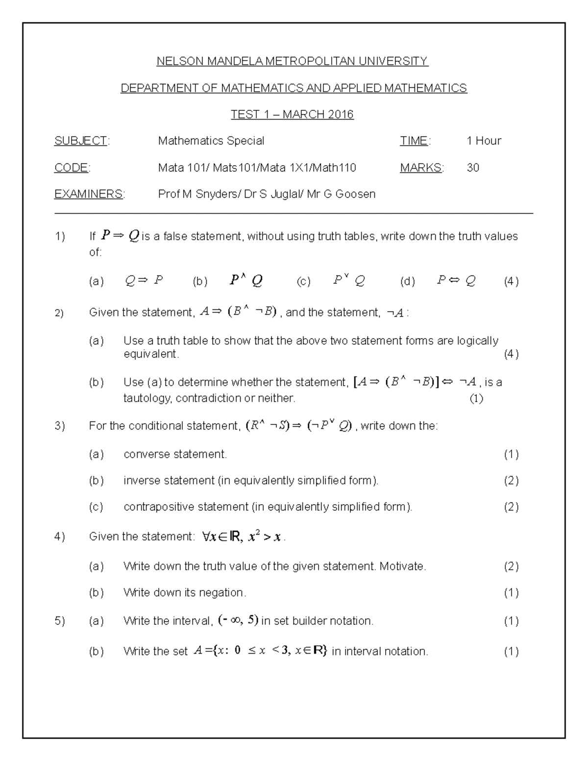 Mathematics Special Test 1 MEMO - Student Number: Initial & Surname ...