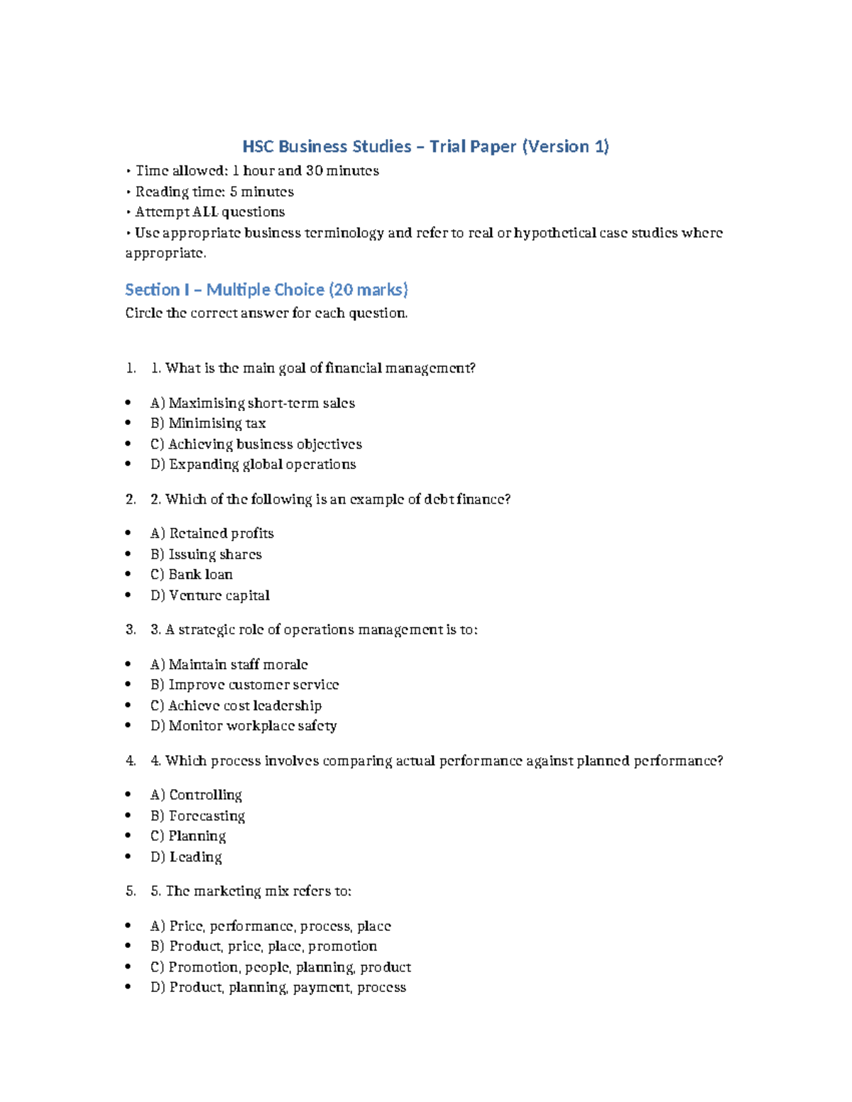 HSC Business Studies Trial Paper - Version 1 (1.5 Hours) - Studocu