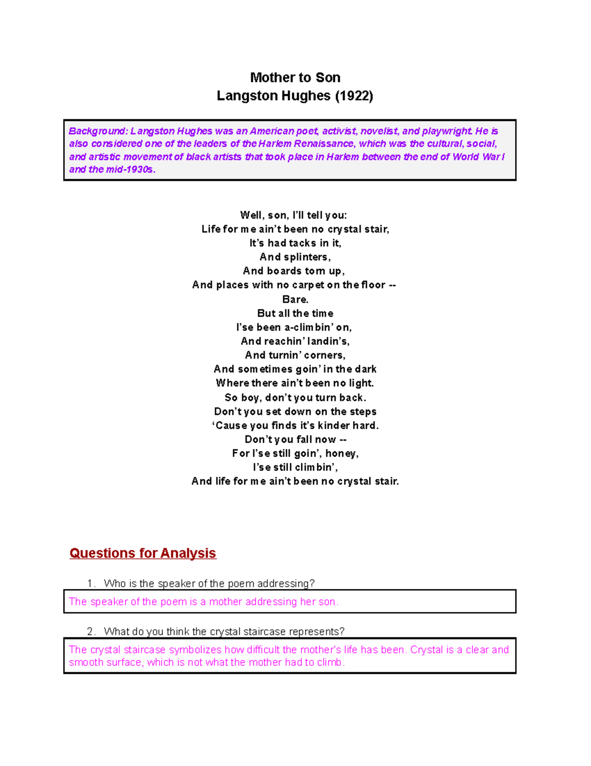 Langston Hughes' "Mother to Son": Analysis & Insights on 1922 Poem ...