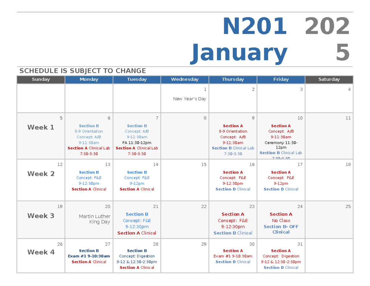 N201 Spring Calendar 2025 - N January 202 5 SCHEDULE IS SUBJECT TO ...