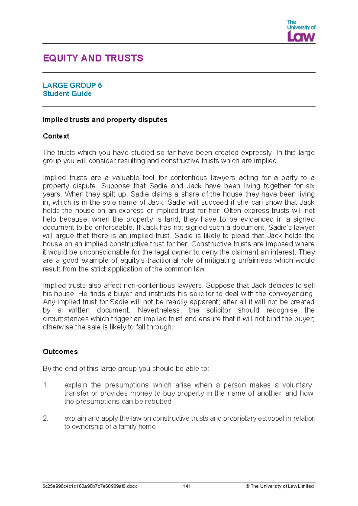 EQUITY AND TRUSTS 2526 LG05 Student Guide: Implied Trusts & Property ...