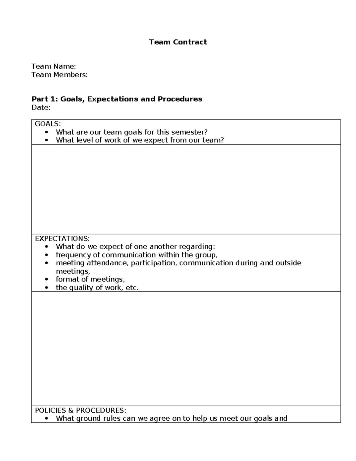 Team Contract: Goals, Expectations & Procedures for Workshop - Studocu