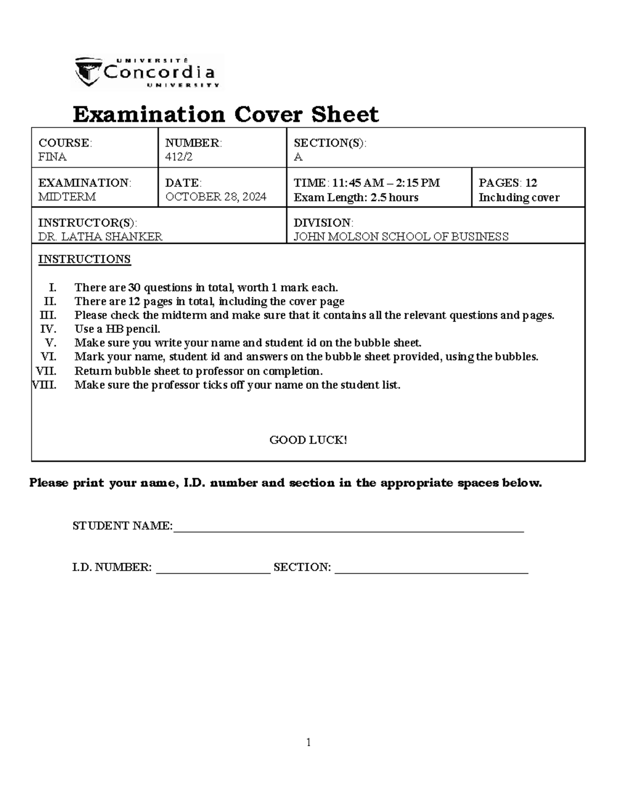 FINA 412 Midterm Exam Cover Sheet - Fall 2024 - Document Preview