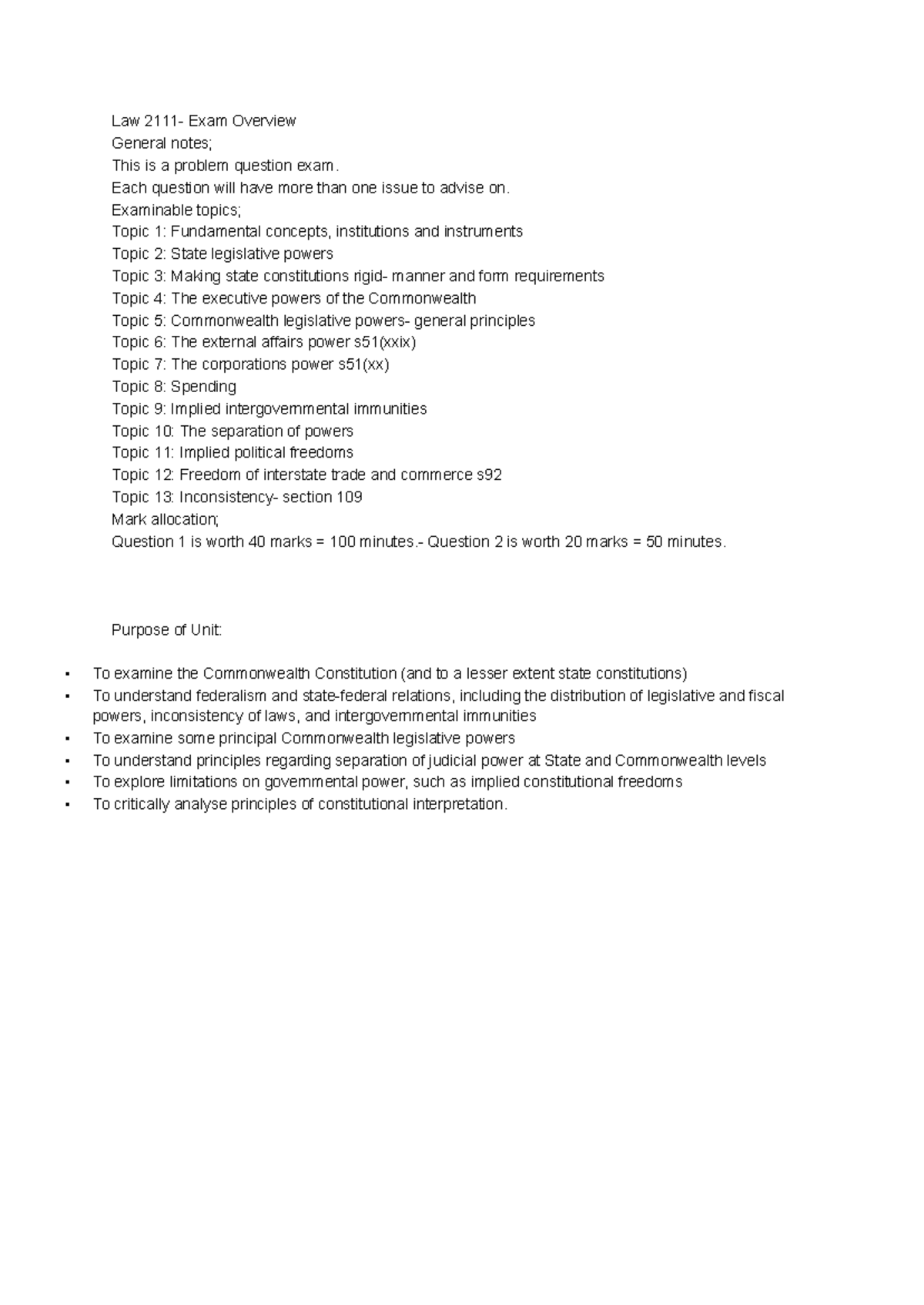 LAW2111 Final Exam Overview: Key Concepts in Constitutional Law - Studocu