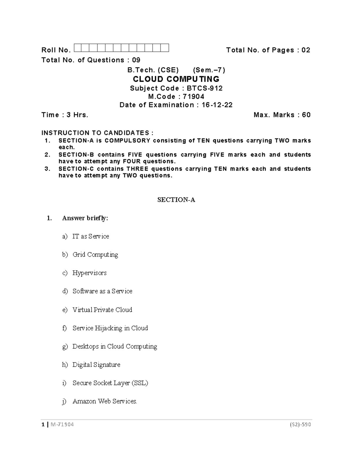 CLOUD COMPUTING Exam Paper - B.Tech (CSE) M.Code: 71904 - Studocu