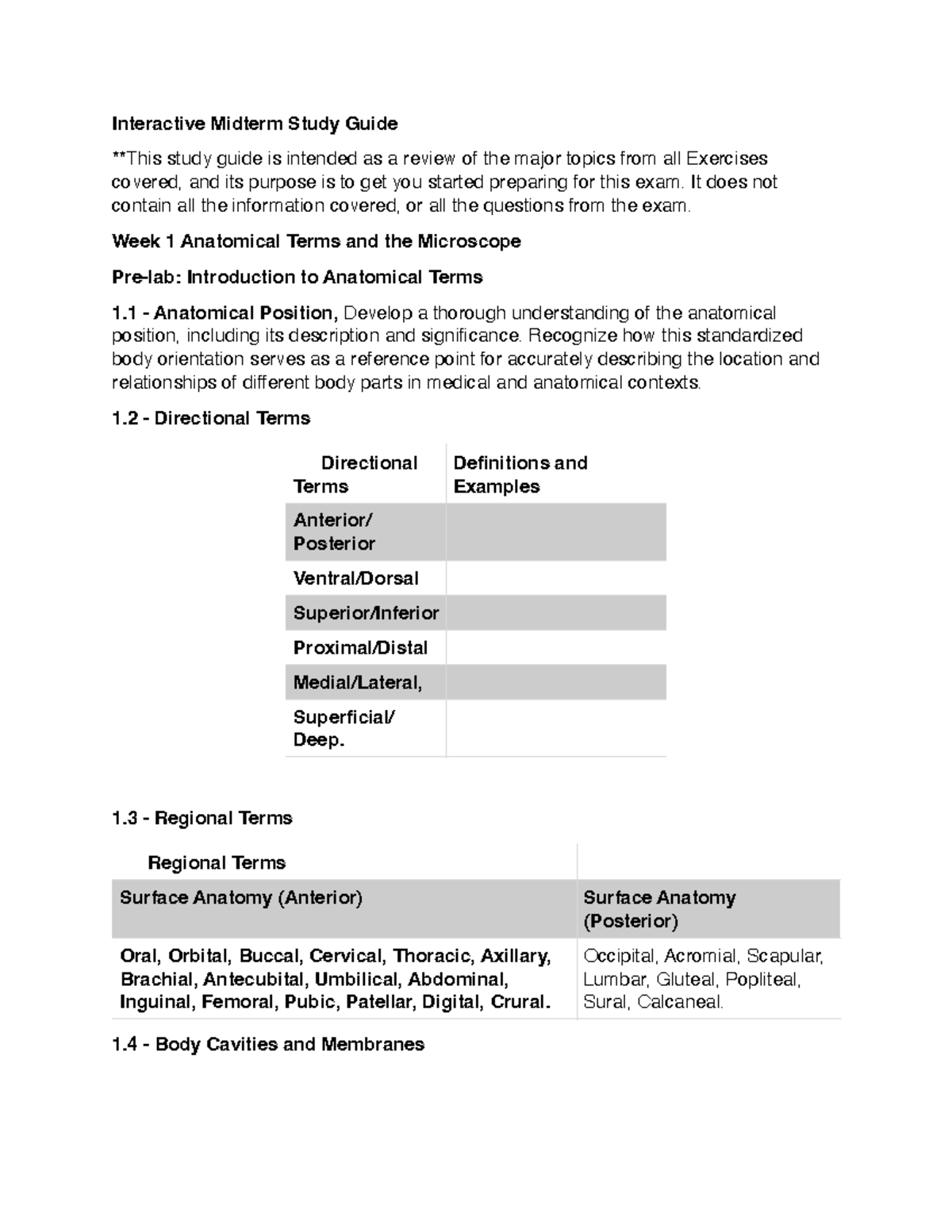 BIOL 2401 Anatomy and Physiology 1 Interactive Midterm Study Guide ...