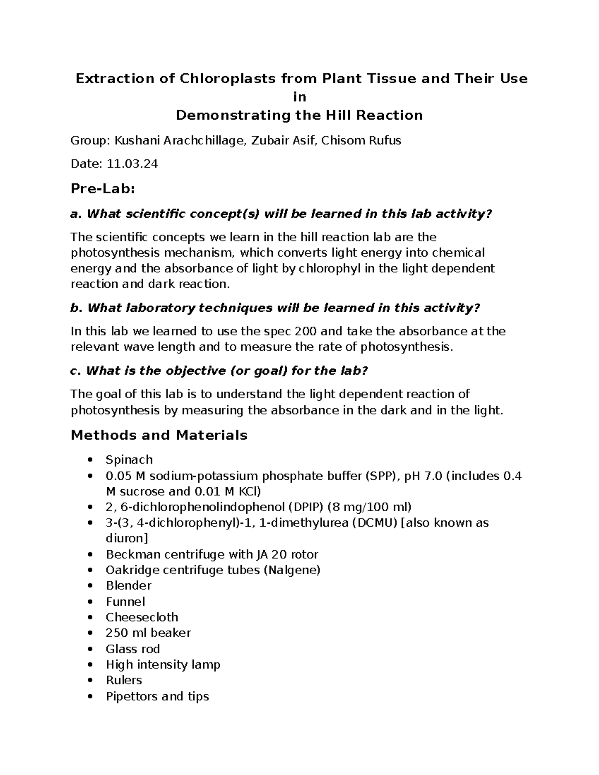 Hill Reaction Lab Report: Photosynthesis & Absorbance Analysis - Studocu