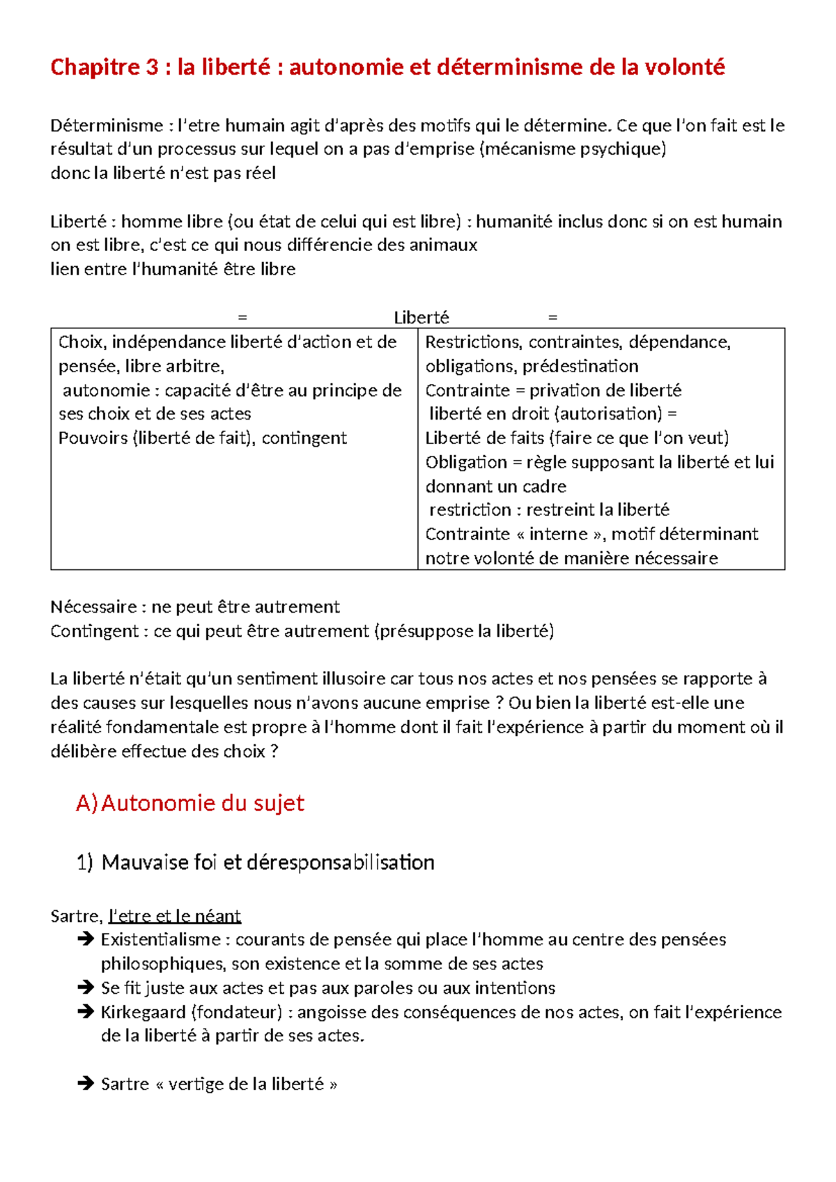Chapitre 3 : Liberté, Autonomie et Déterminisme de la Volonté - Studocu