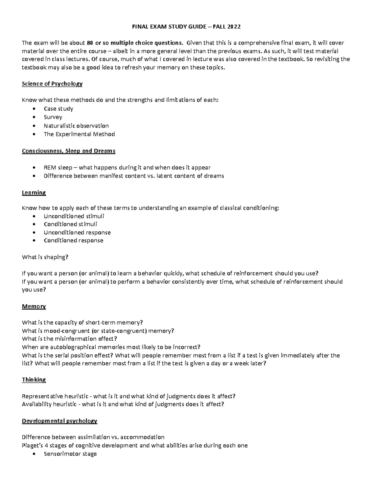 Final Exam Study Guide for Psychology 101 - Fall 2022 - Studocu