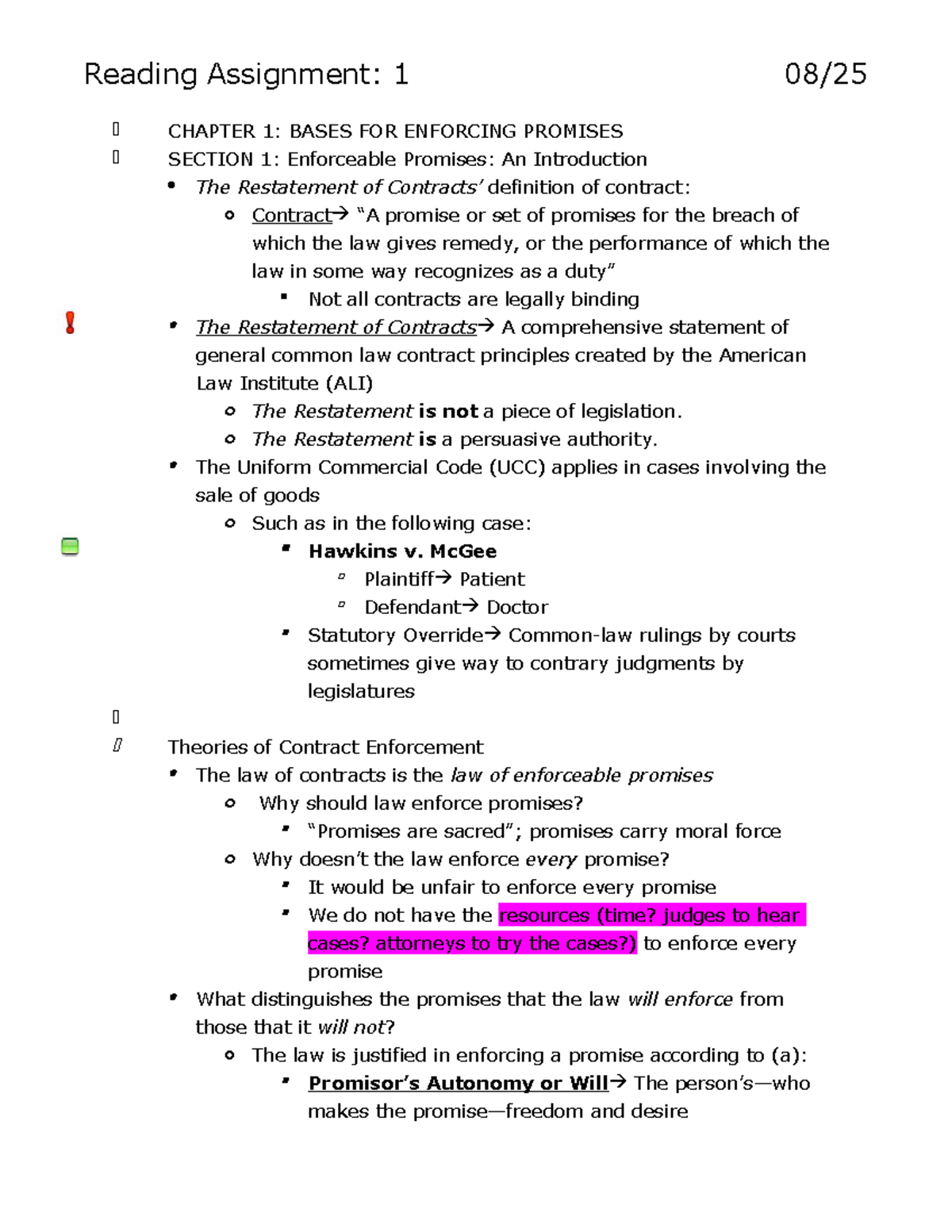 Book Notes [ Contracts] - Reading Assignment: 1 CHAPTER 1: BASES FOR ...