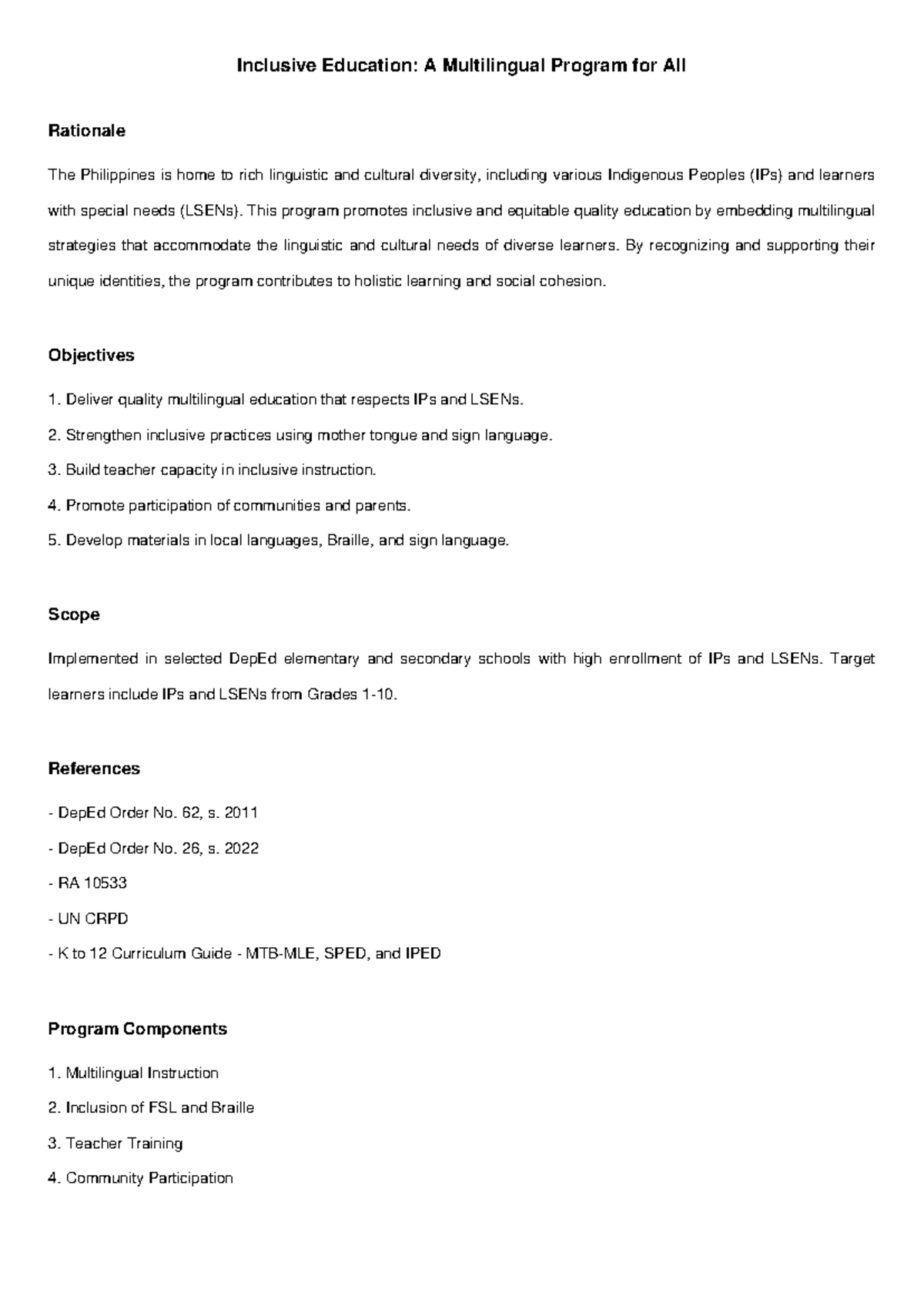 Inclusive Education Program: Multilingual Strategies for IPs & LSENs ...