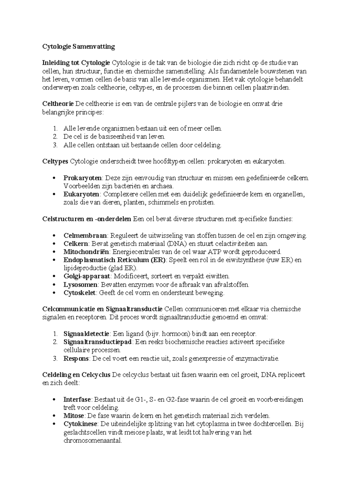 Cytologie Samenvatting 1234 - Cytologie Samenvatting Inleiding Tot 