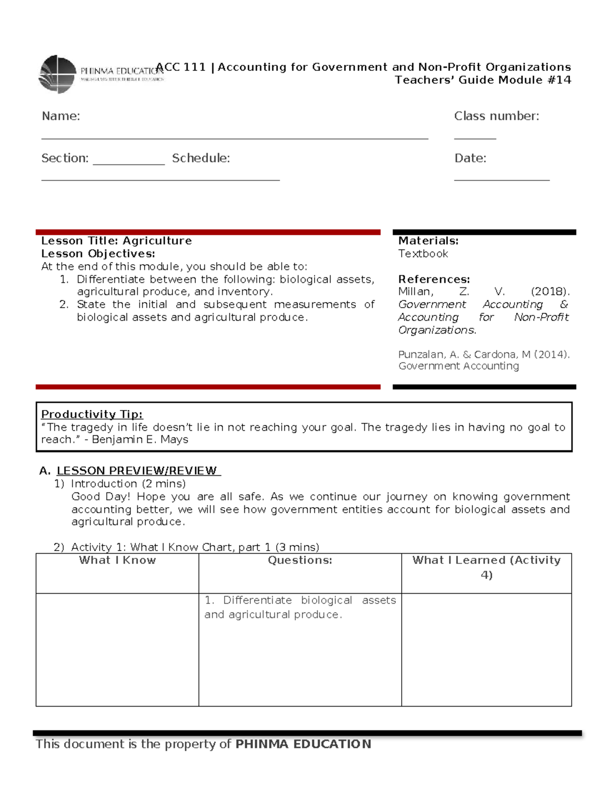 ACC Accounting for Government and Organizations: Agriculture Lesson ...