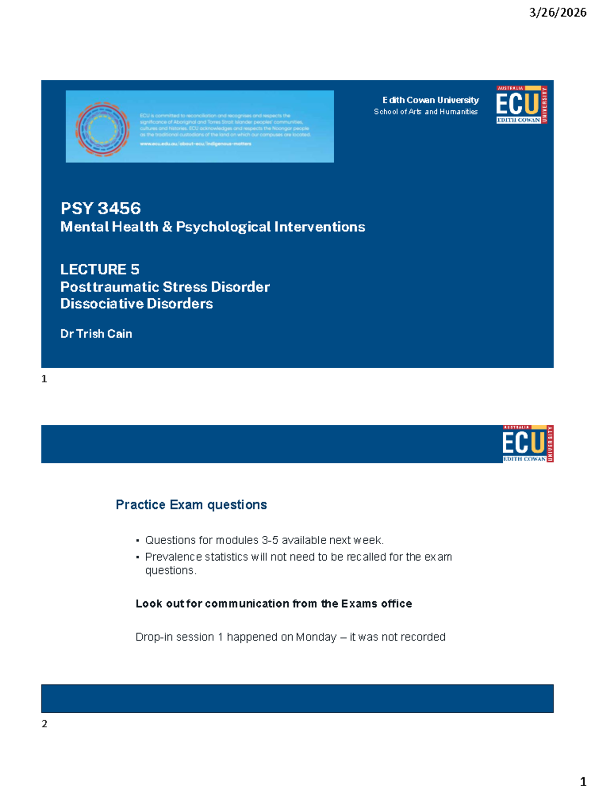PSY 3456 Lecture 5: PTSD & Dissociative Disorders - Studocu