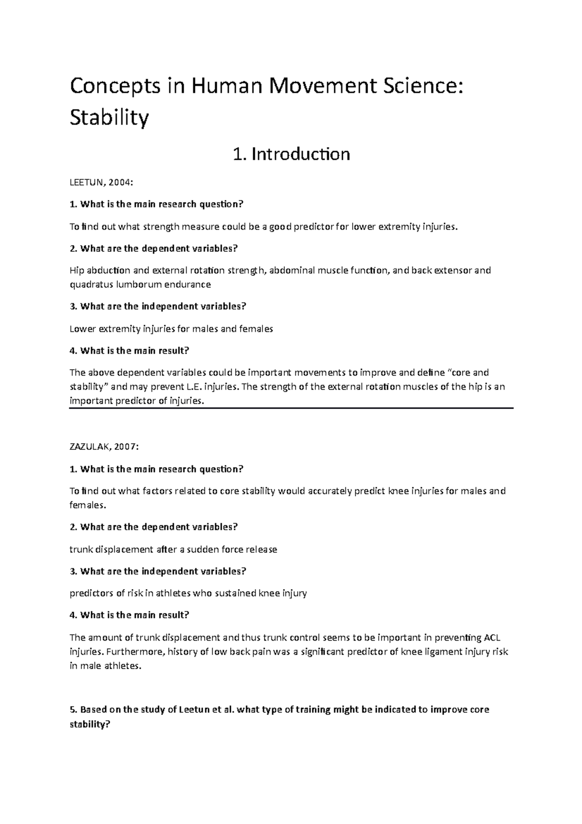 Stability in Human Movement Science: Key Assignments Overview - Studeersnel