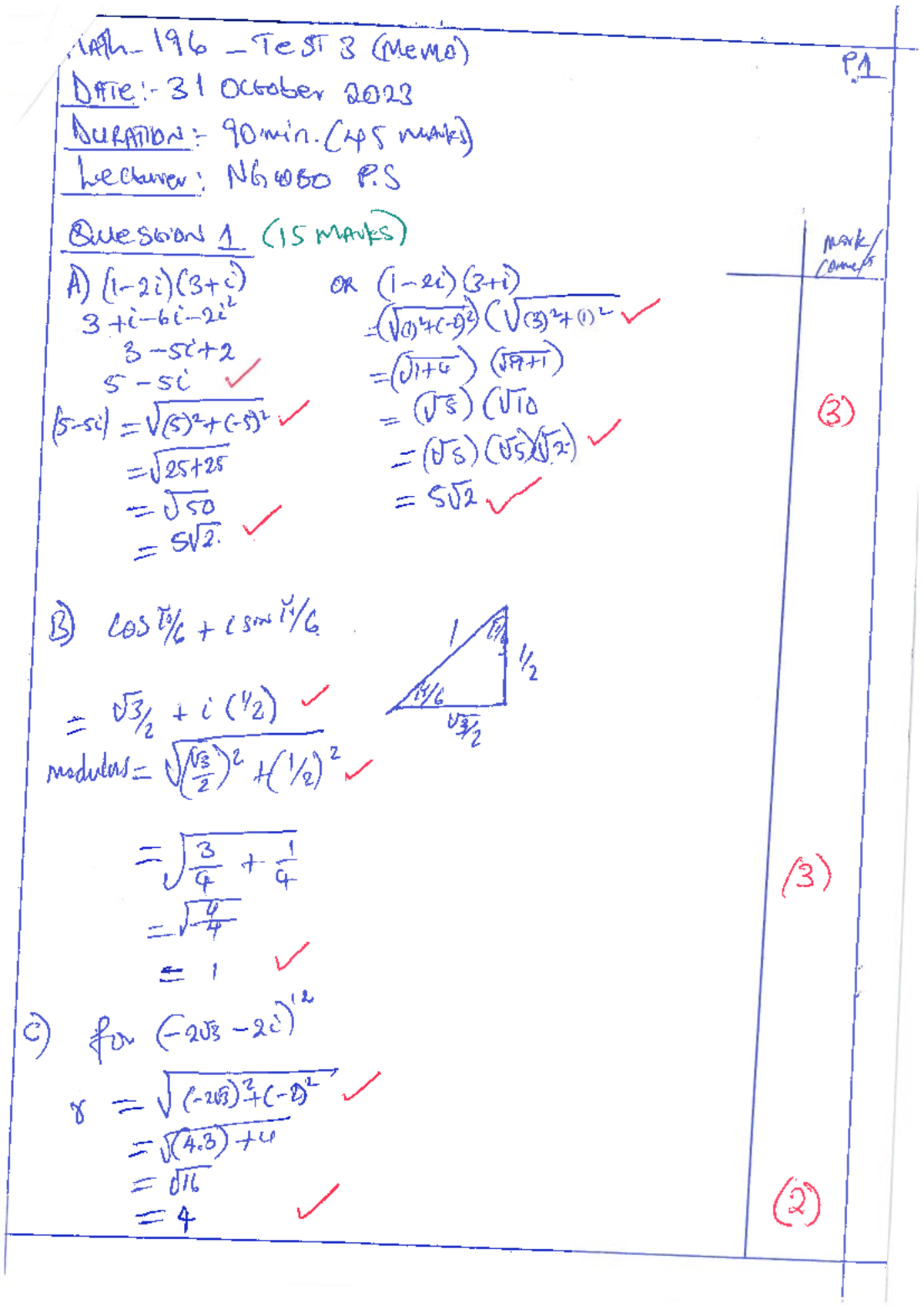 Test 3 Math 196 Memo - Notes - 196 (Memo) P1 31 October 2023 DURATION ...