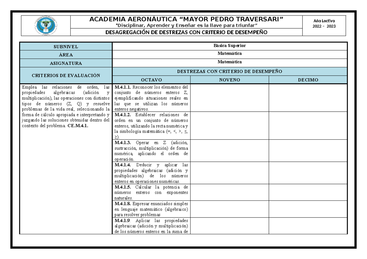 Desagregación de Destrezas en Matemáticas Básica Superior 2022-2023 - Document Preview