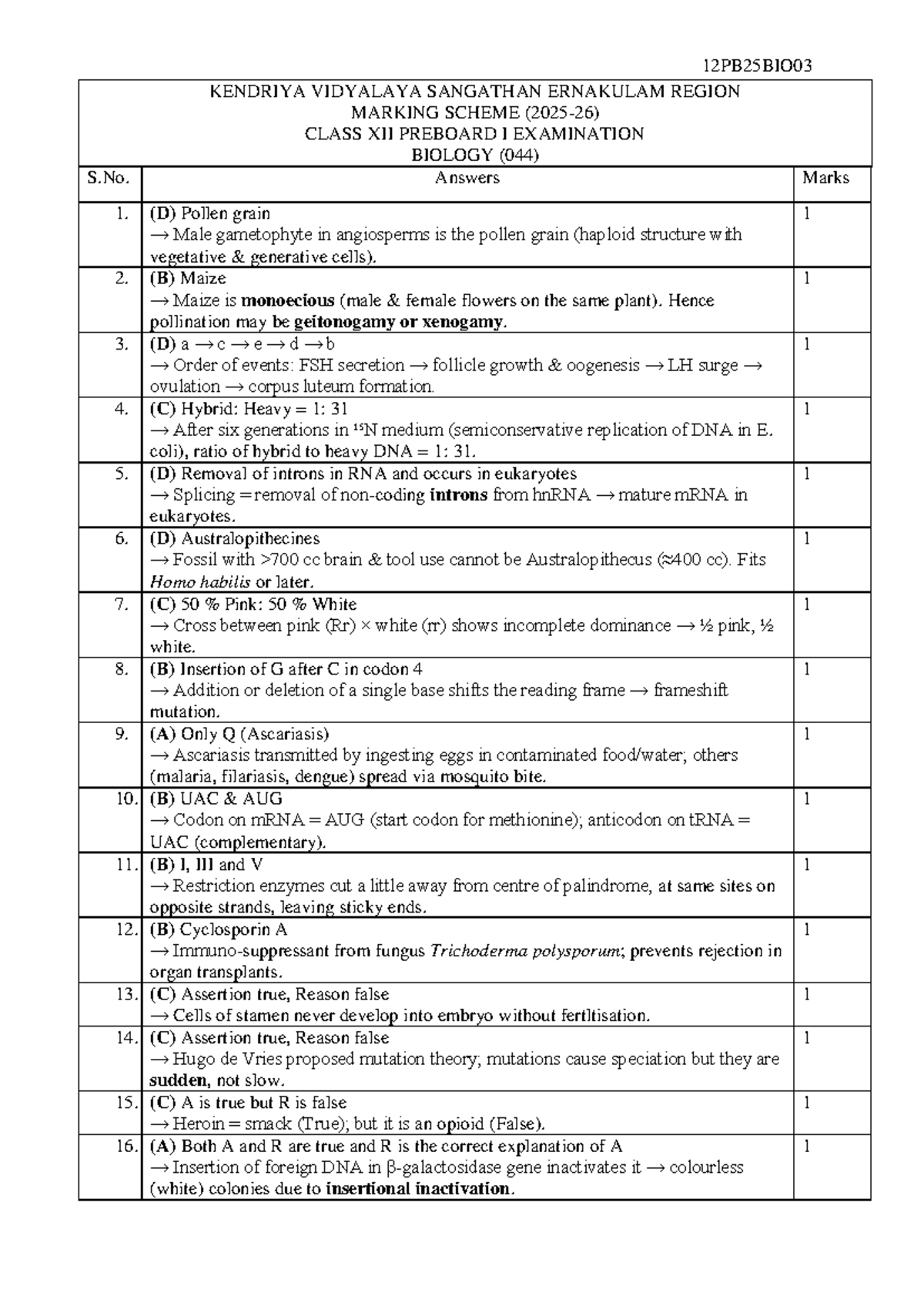 12PB25BIO03 Class XII Preboard I Exam Biology Marking Scheme - Studocu