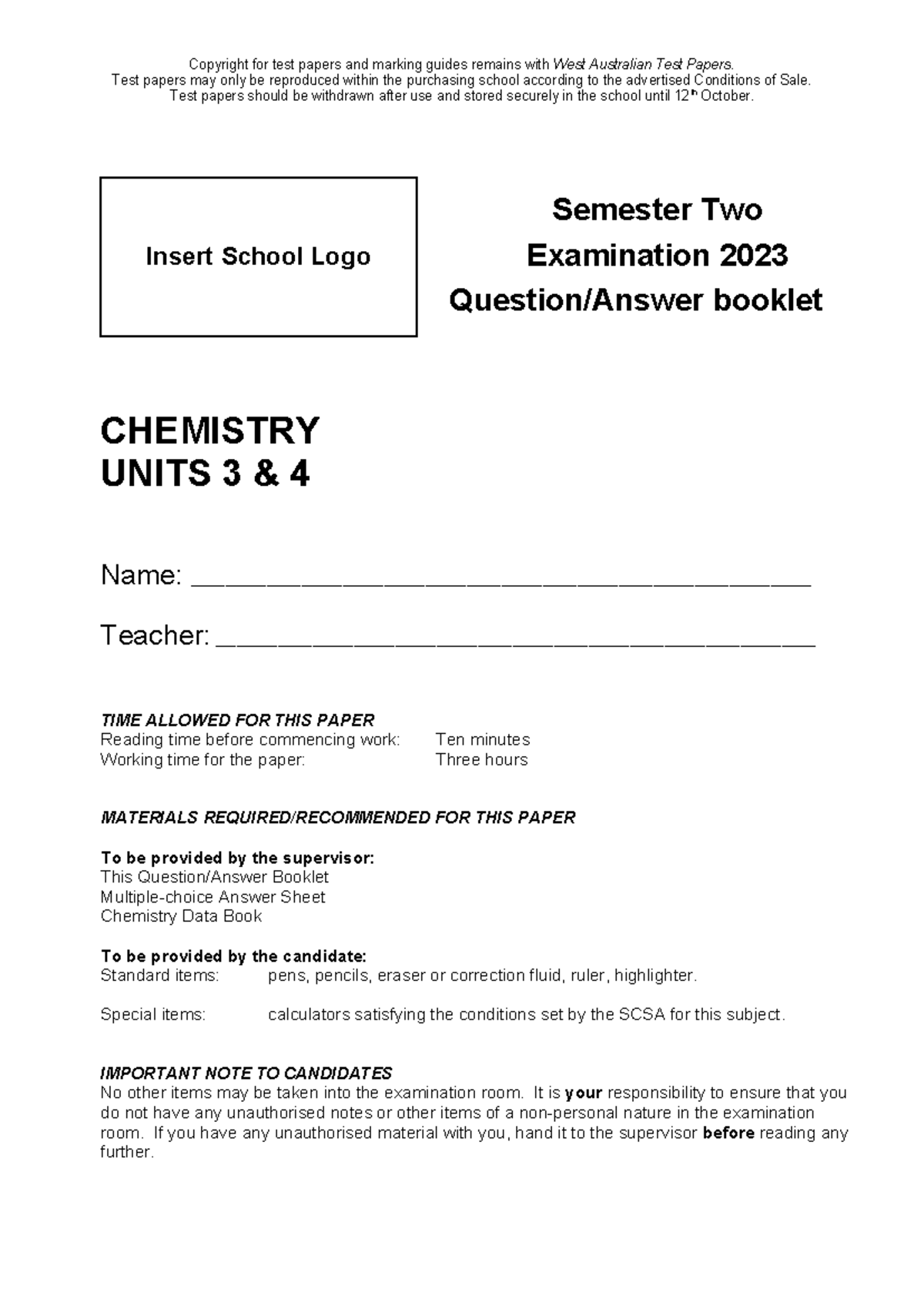 2023 CHEMISTRY UNITS 3 & 4 Final Exam Paper - Studocu