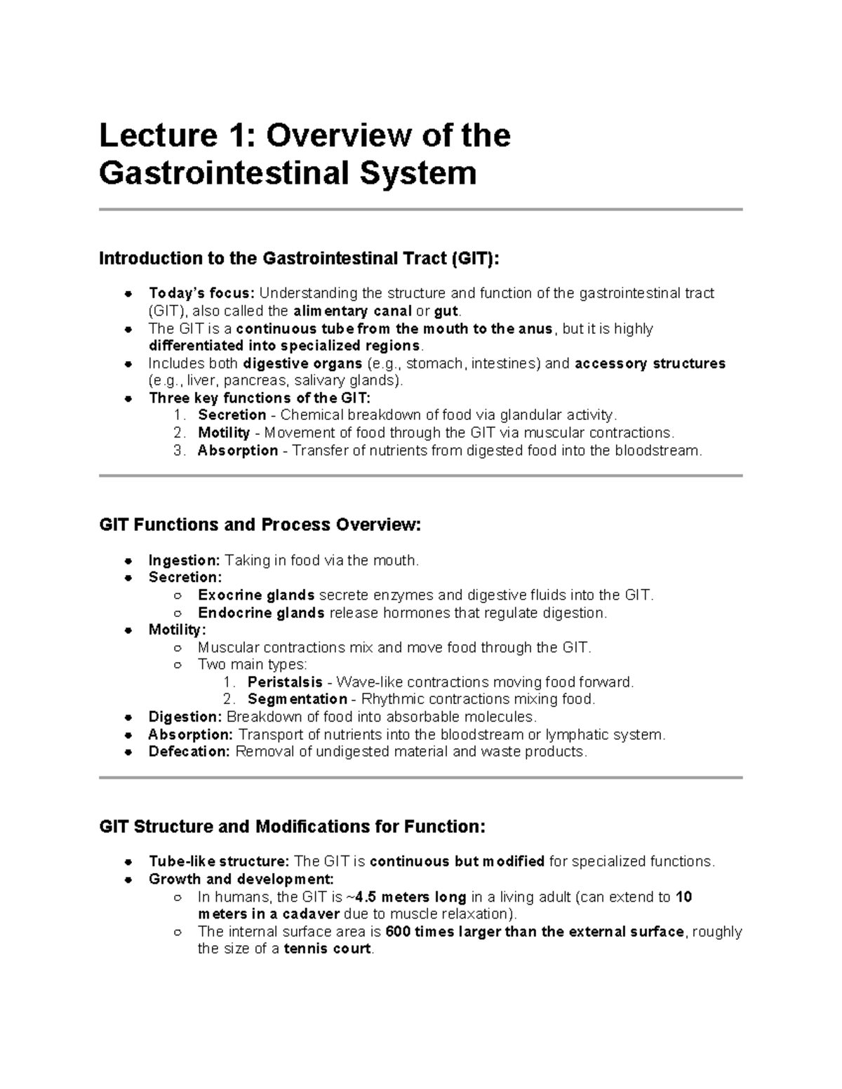 GIT 101: Lecture 1 - Overview of the Gastrointestinal System - Studocu