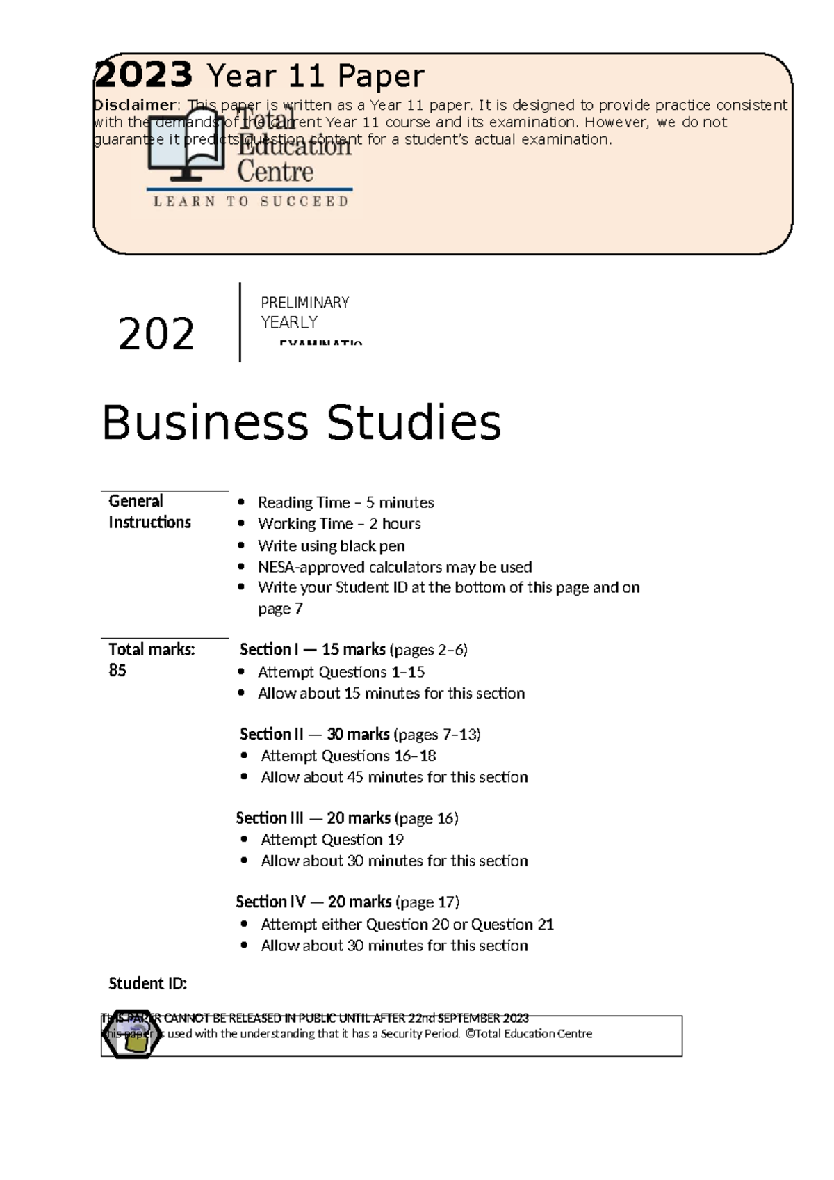 2023 Business Studies Preliminary Exam Paper - Security Version - Studocu