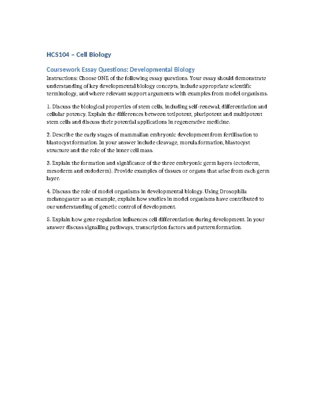 HCS104 Developmental Biology Essay Questions and Guidelines - Studocu