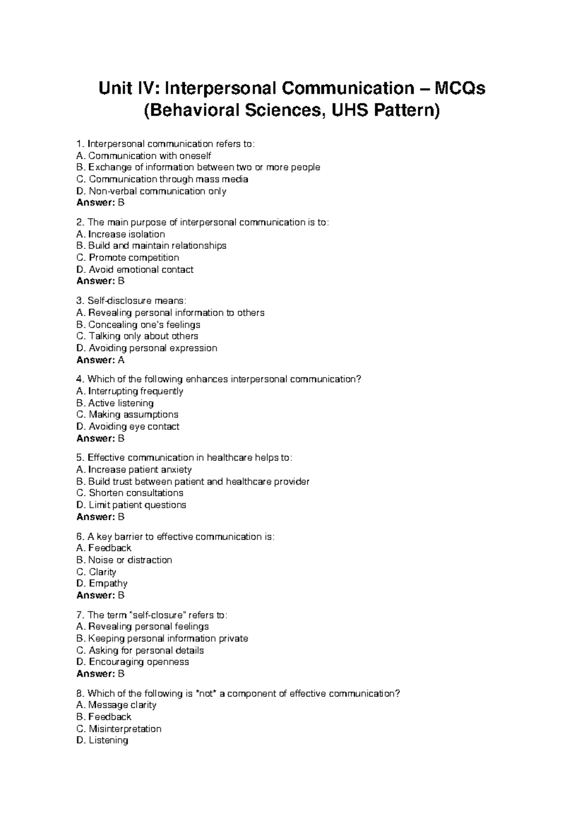 Interpersonal Communication MCQs (Behavioral Sciences, UHS) - Studocu