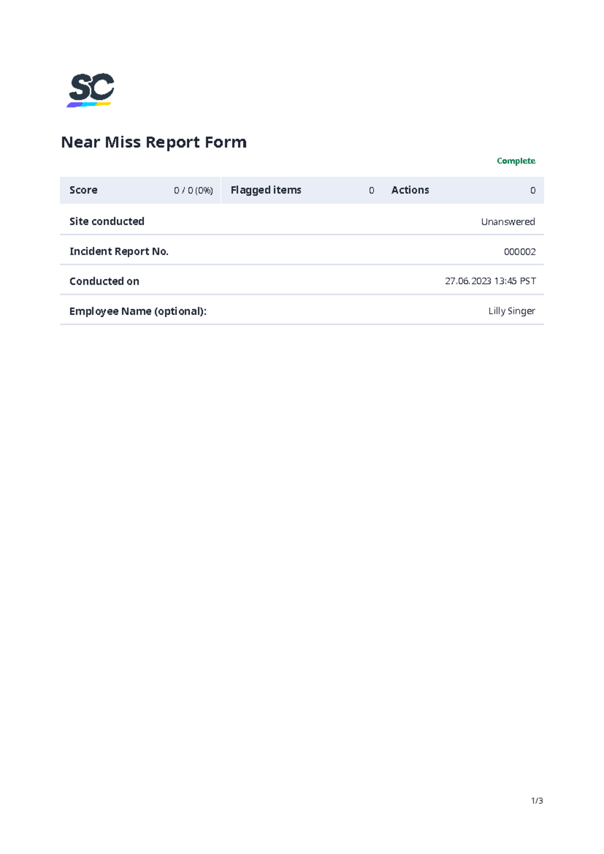 Near Miss Sample Report Form - NearMissReportForm Complete Score 0/0(0% ...