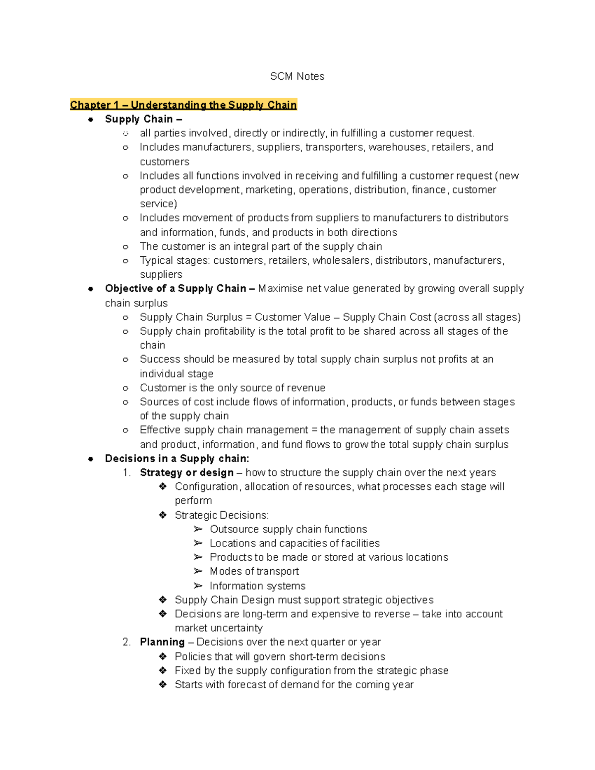 SCM Notes - SCM Notes Chapter 1 – Understanding the Supply Chain Supply ...