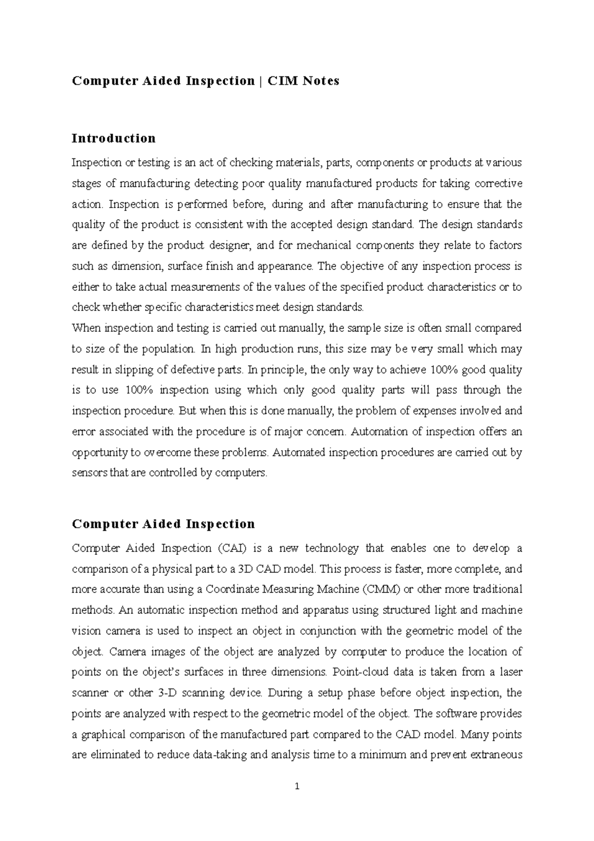 CIM 101: Computer Aided Inspection - Unit 1 Study Notes - Studocu