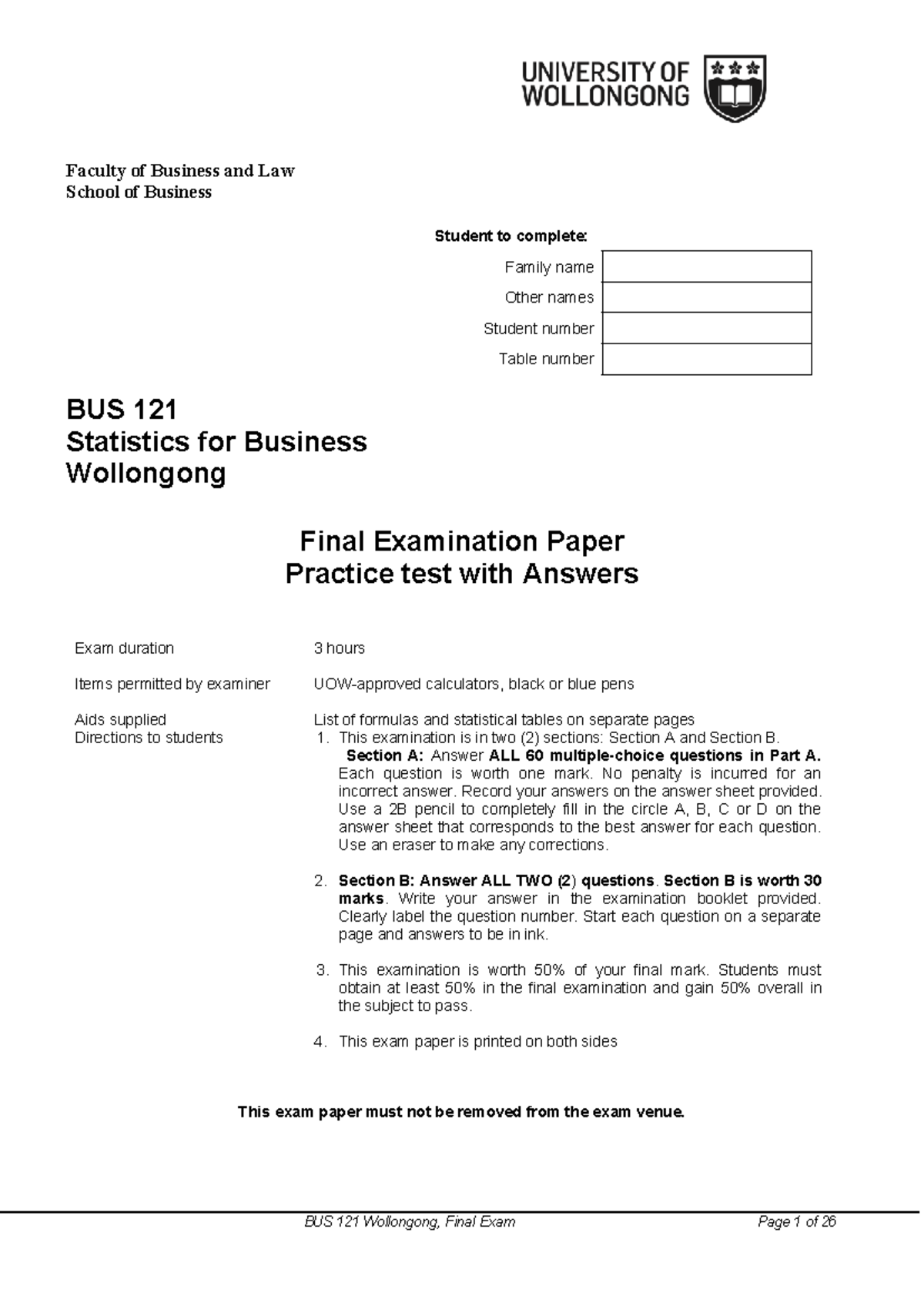 BUS 121 Wollongong Final Exam - Practice Test with Solutions - Studocu