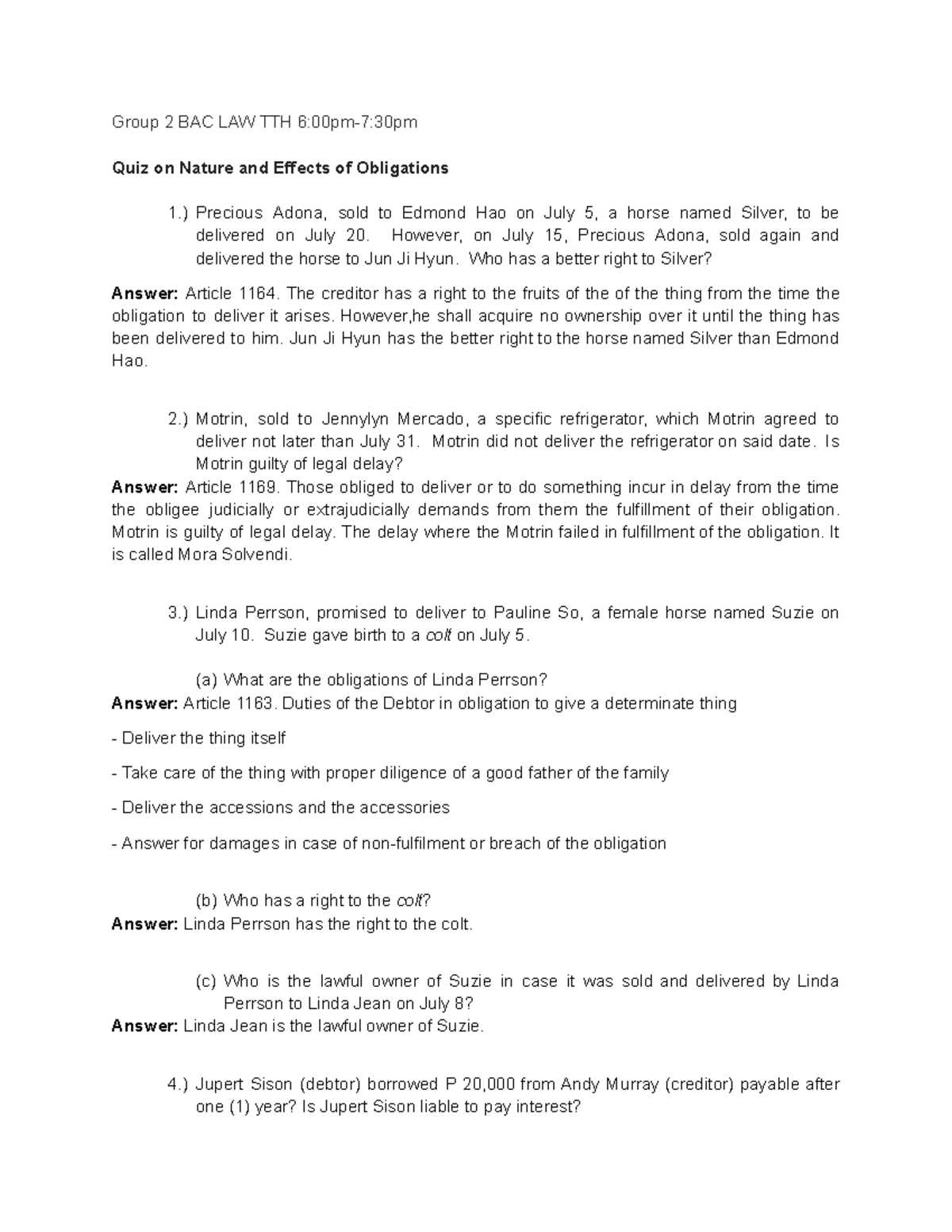 BAC LAW - Quiz on Nature & Effects of Obligations Insights - Studocu