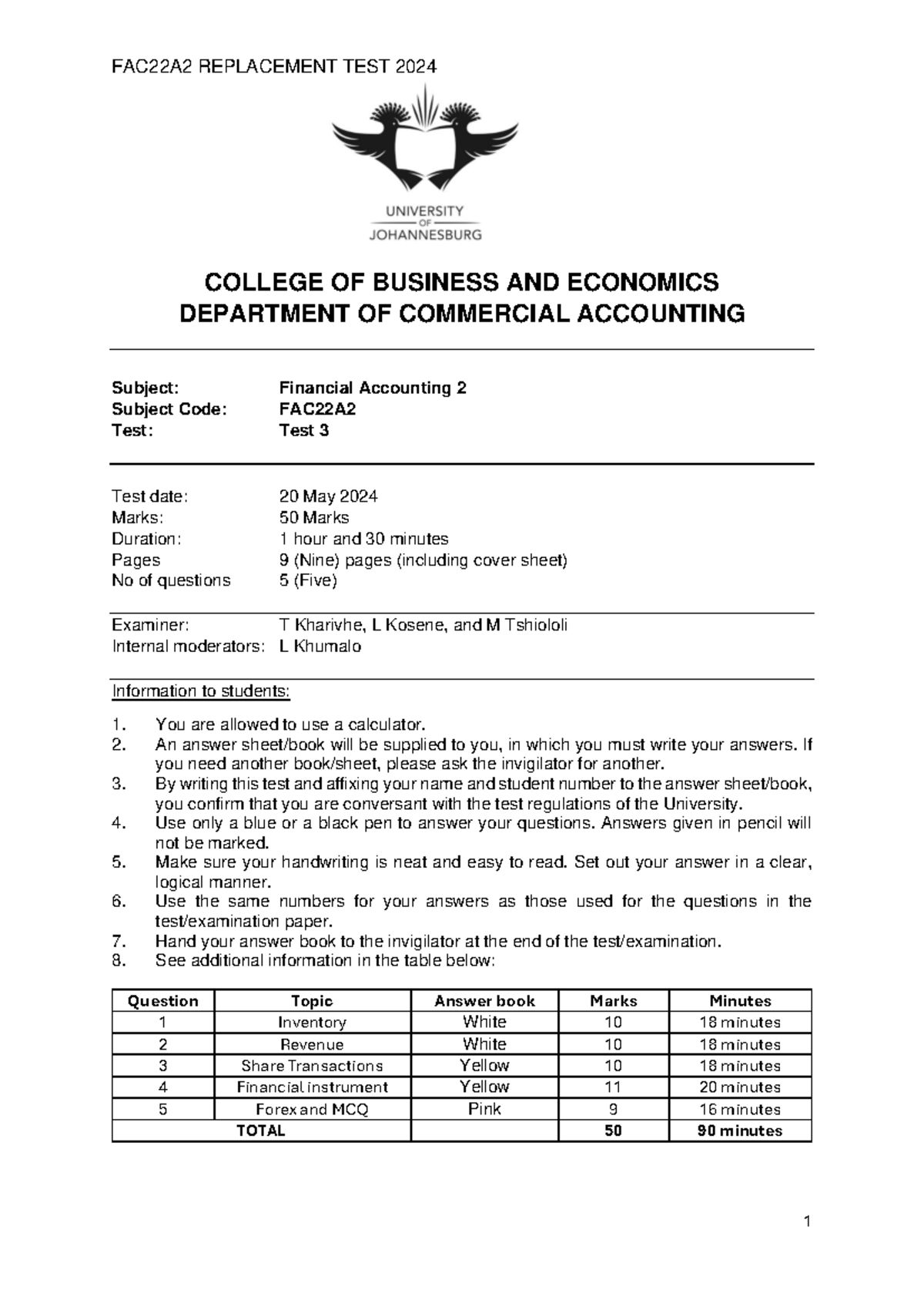 FAC22A Financial Accounting 2 Test 3 QP & Solutions 2024 - Studocu