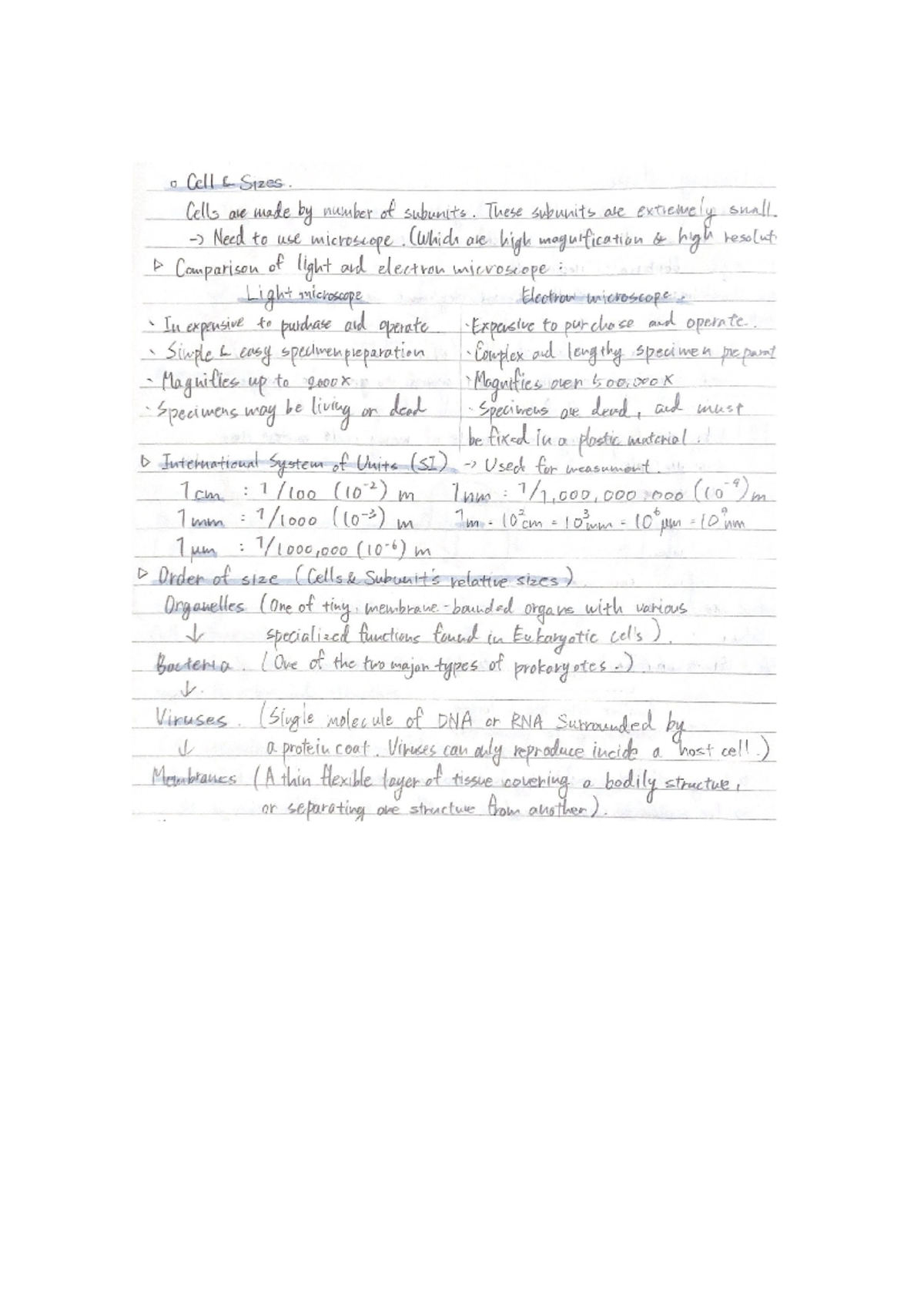 Size of cell - Note of size of cell - Cell Sizes Cells are made number ...