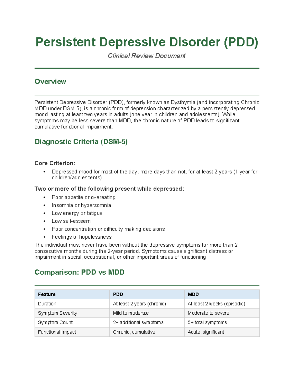 PDD Clinical Review: Understanding Persistent Depressive Disorder - Studocu