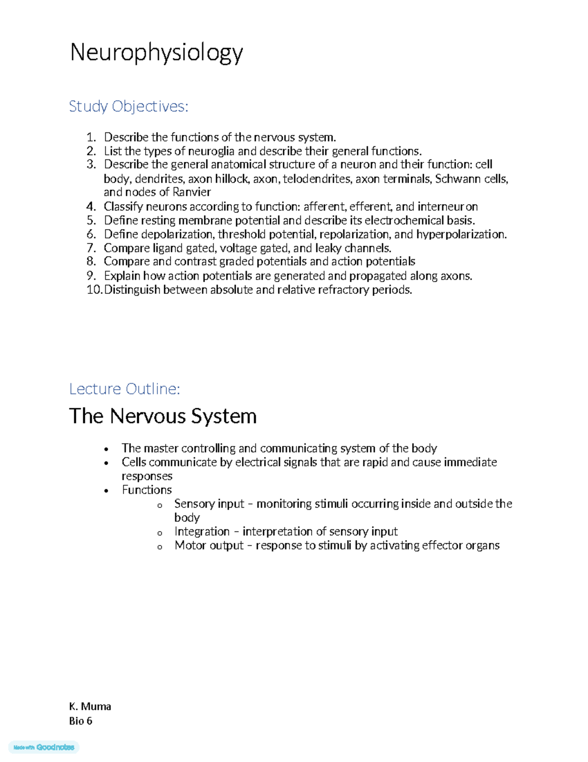 Neurophysiology Overview in Bio 6: Nervous System Functions and Anatomy ...