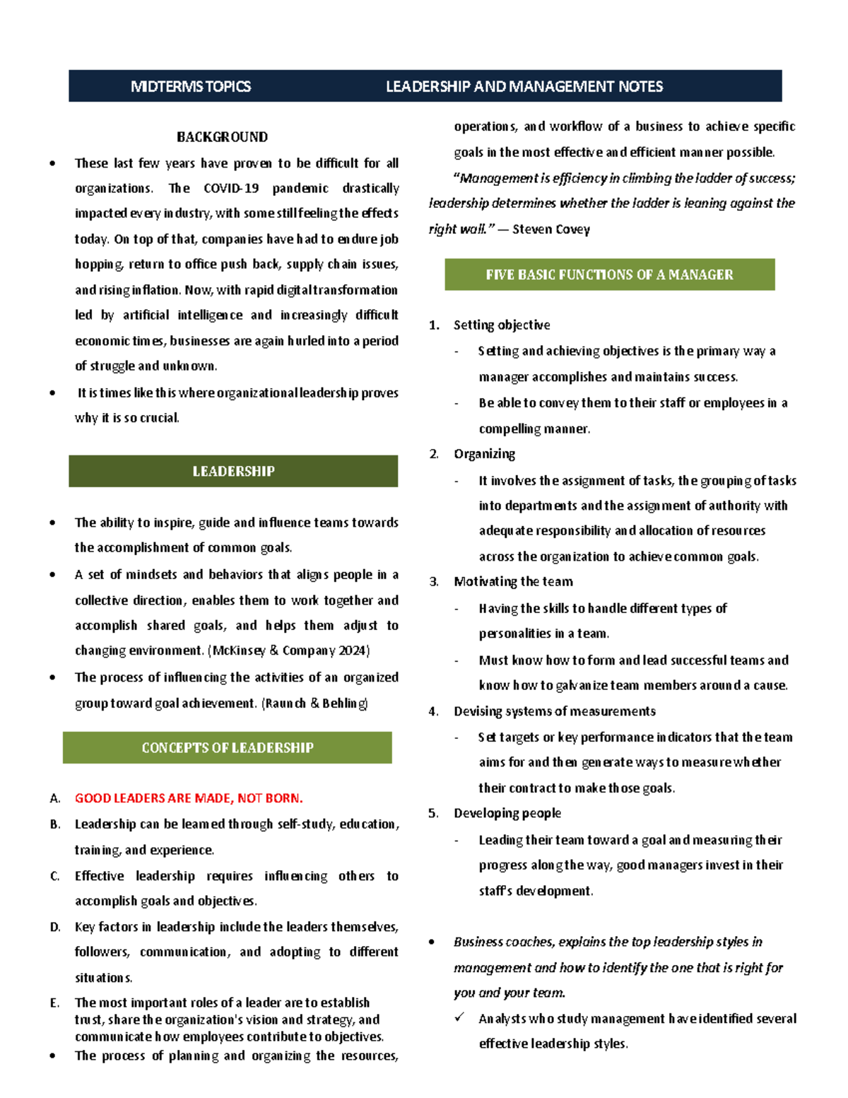 MIDTERM TOPICS: LEADERSHIP AND MANAGEMENT NOTES (Course Code: TBD ...