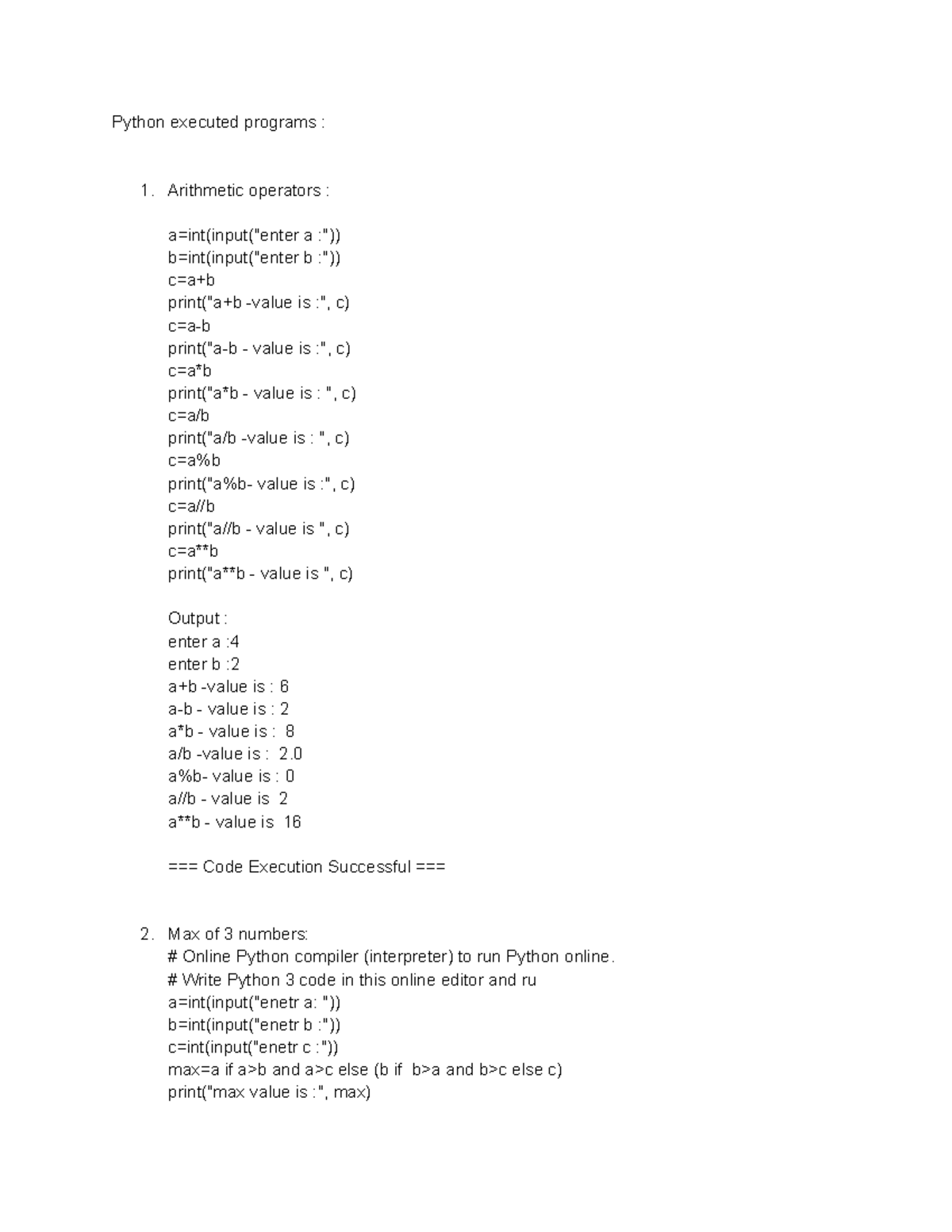 Python Executed Programs: Arithmetic, Max/Min, and More - Studocu