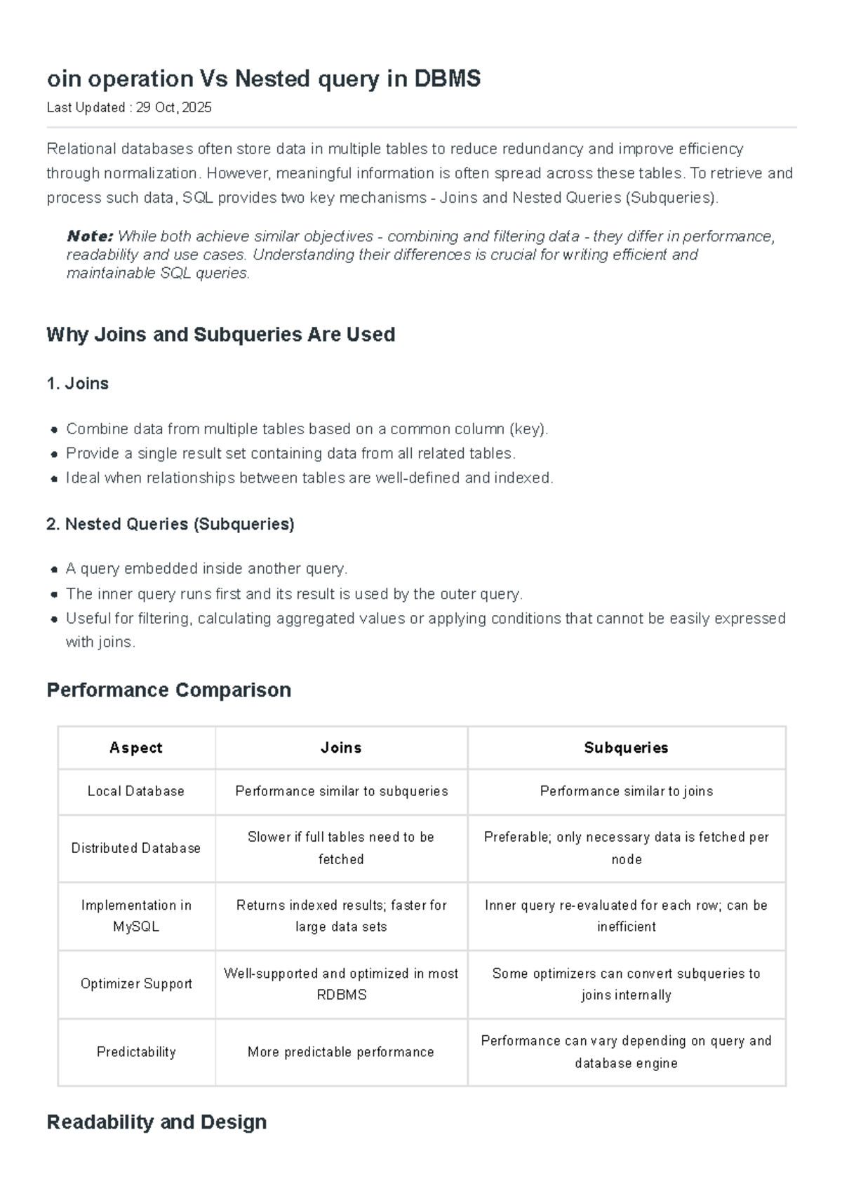 Join Operations vs Nested Queries in DBMS: A Comparative Study - Studocu