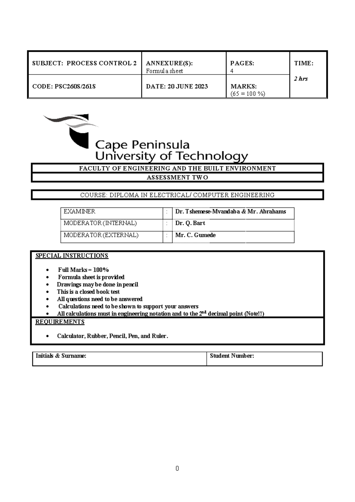 Process Control 2 Assessment: Test 2 PSC260S/261S (2023) - Studocu