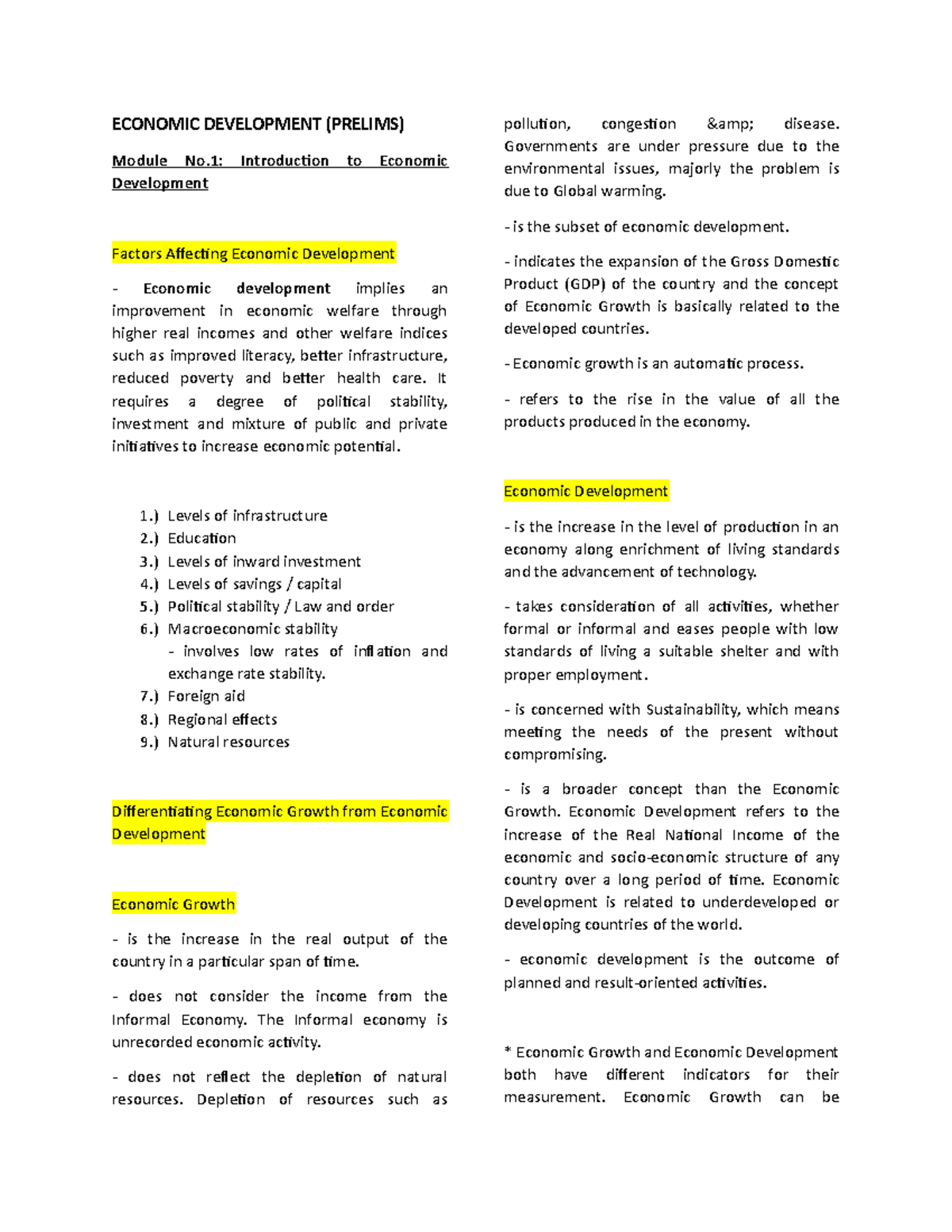 Economic Development (ECON 101): Key Concepts and Theories - Studocu