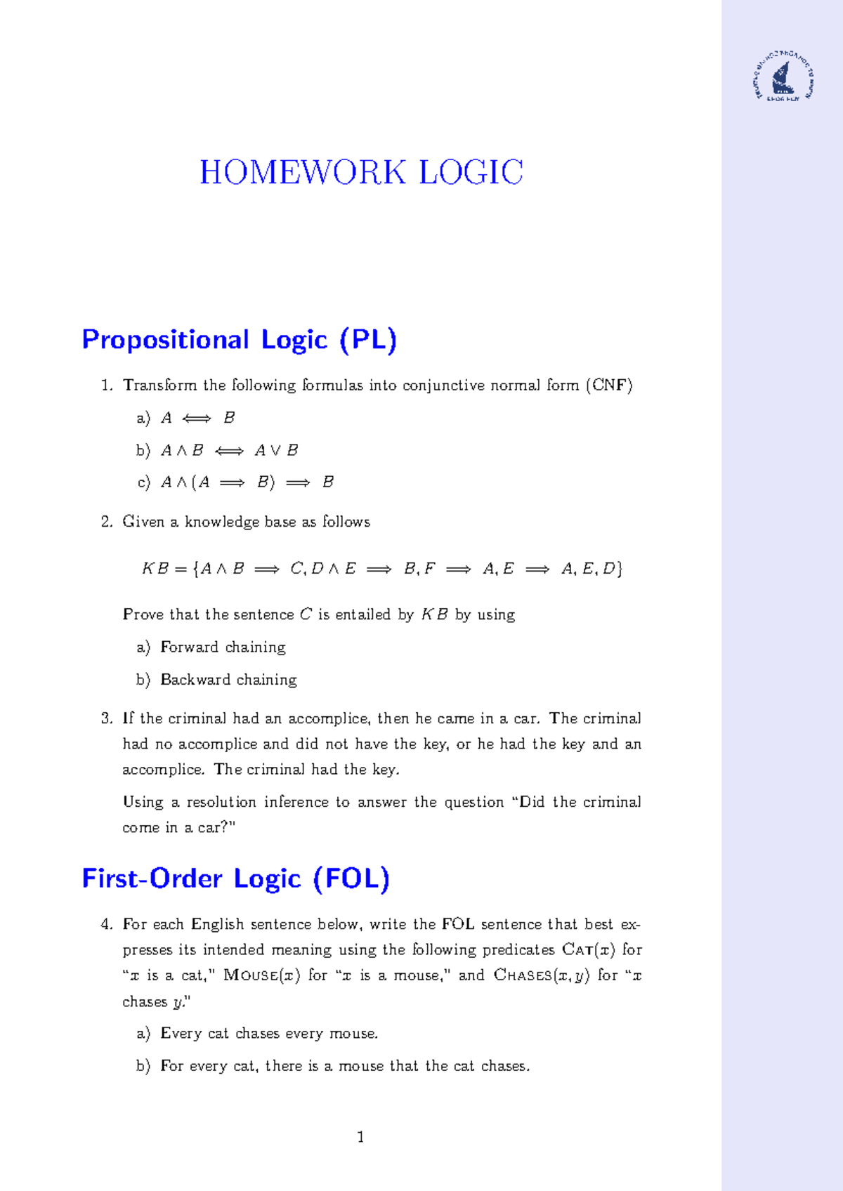Homework on Propositional Logic (PL) and First-Order Logic (FOL) - Studocu