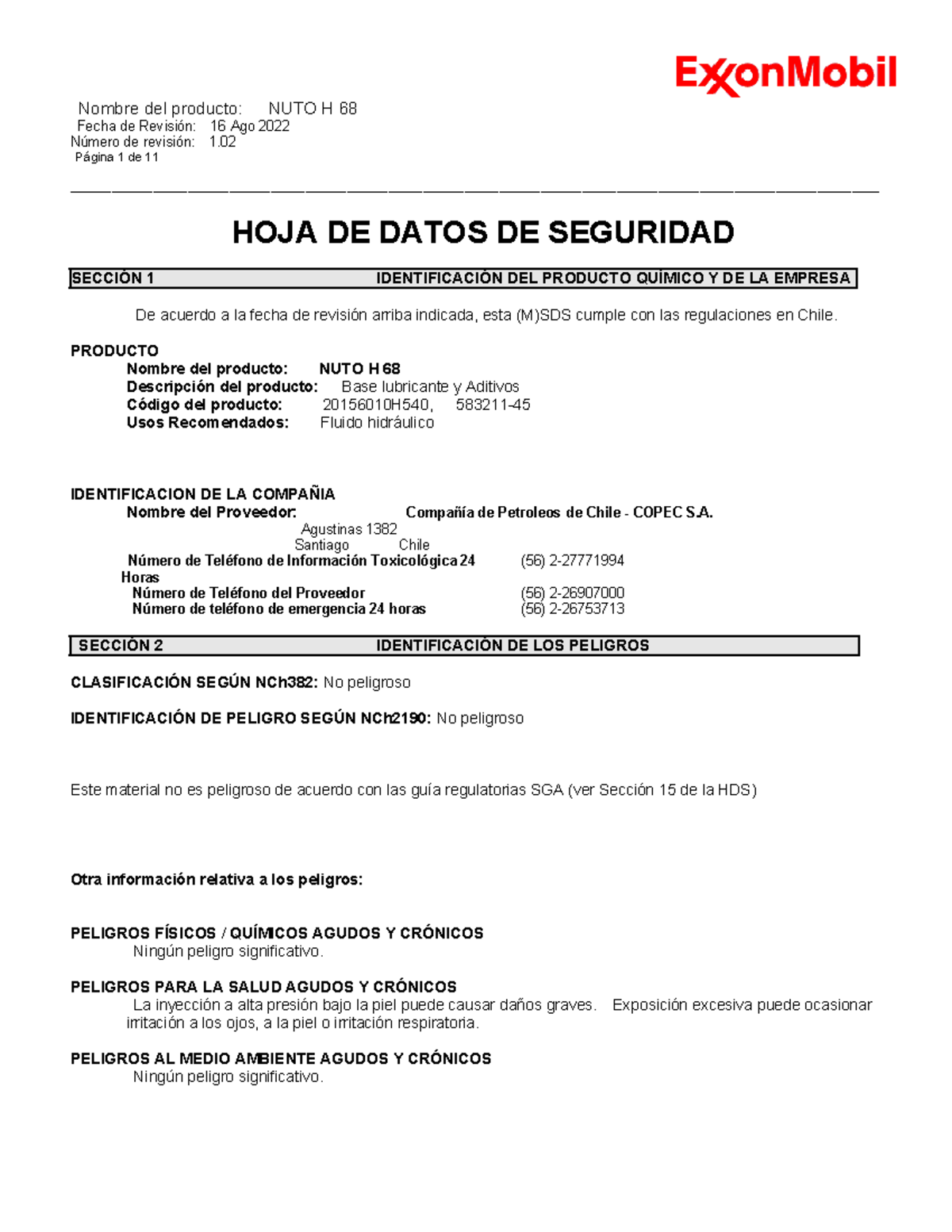 Hoja de Seguridad del Producto NUTO H 68 - Mobil (M)SDS - Studocu
