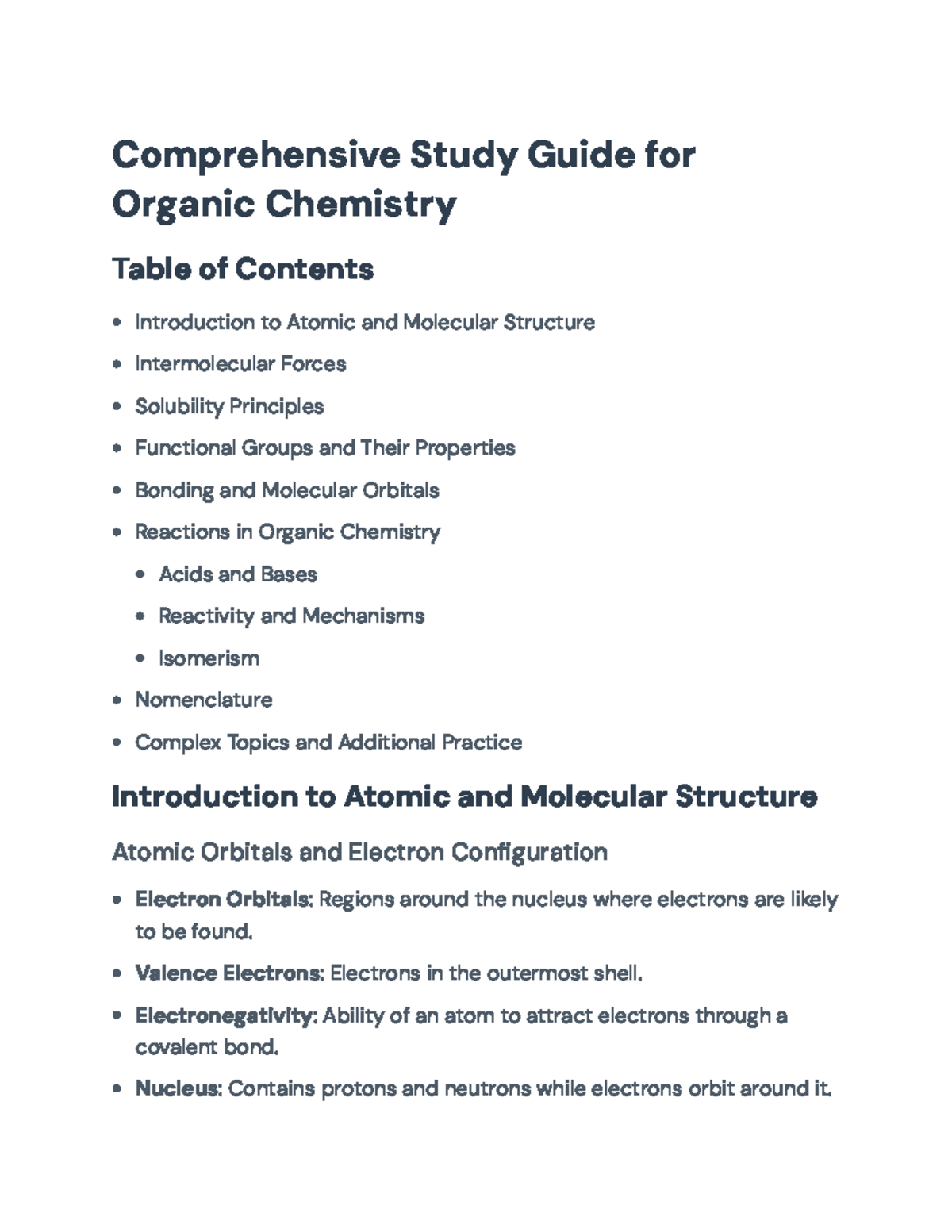 Comprehensive Study Guide for Organic Chemistry (CHEM 101): Key ...