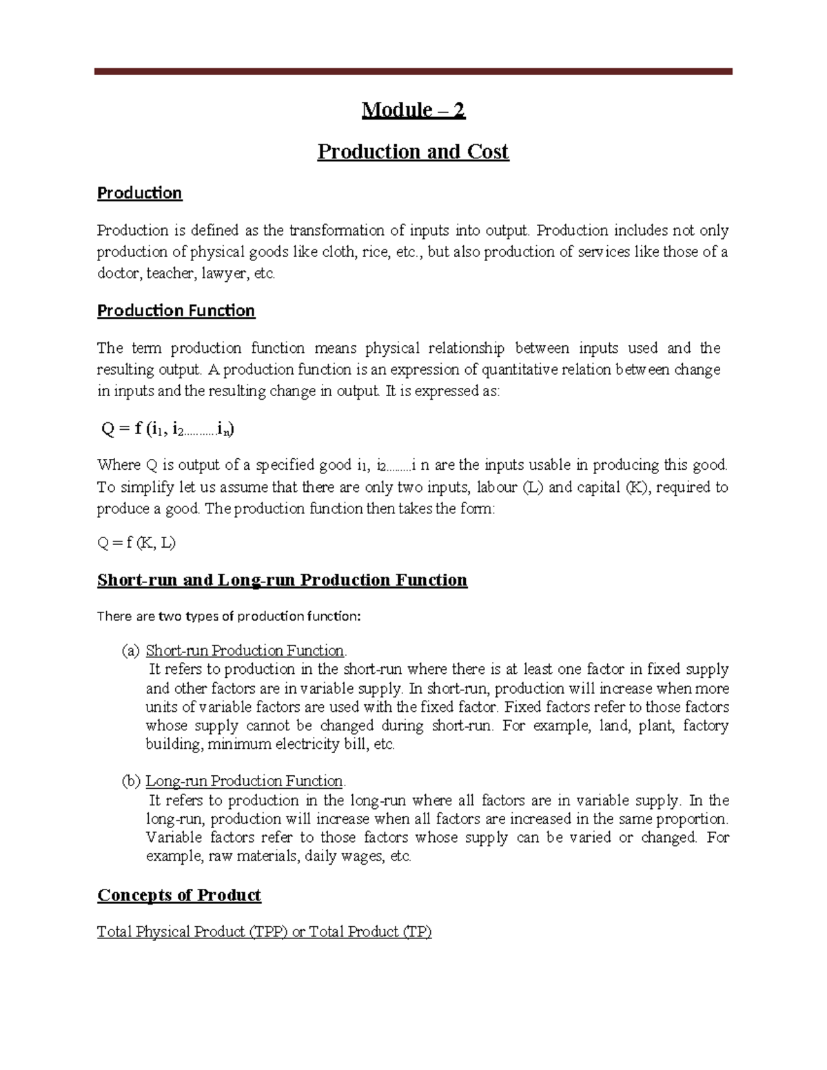 Module 2 Production and Cost: Key Concepts and Functions - Studocu