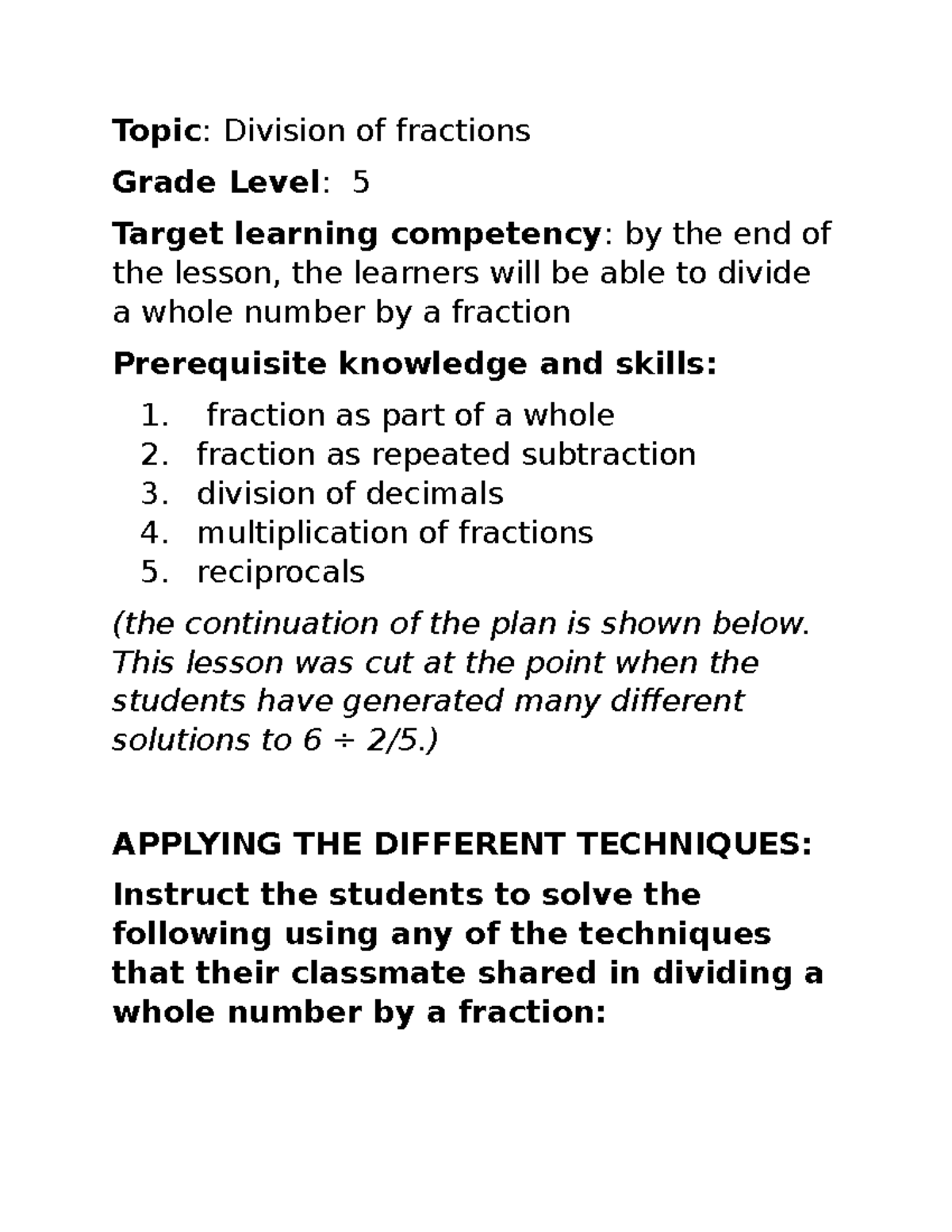 Lesson Plan: Inductive Learning - Dividing Fractions for Grade 5 - Studocu