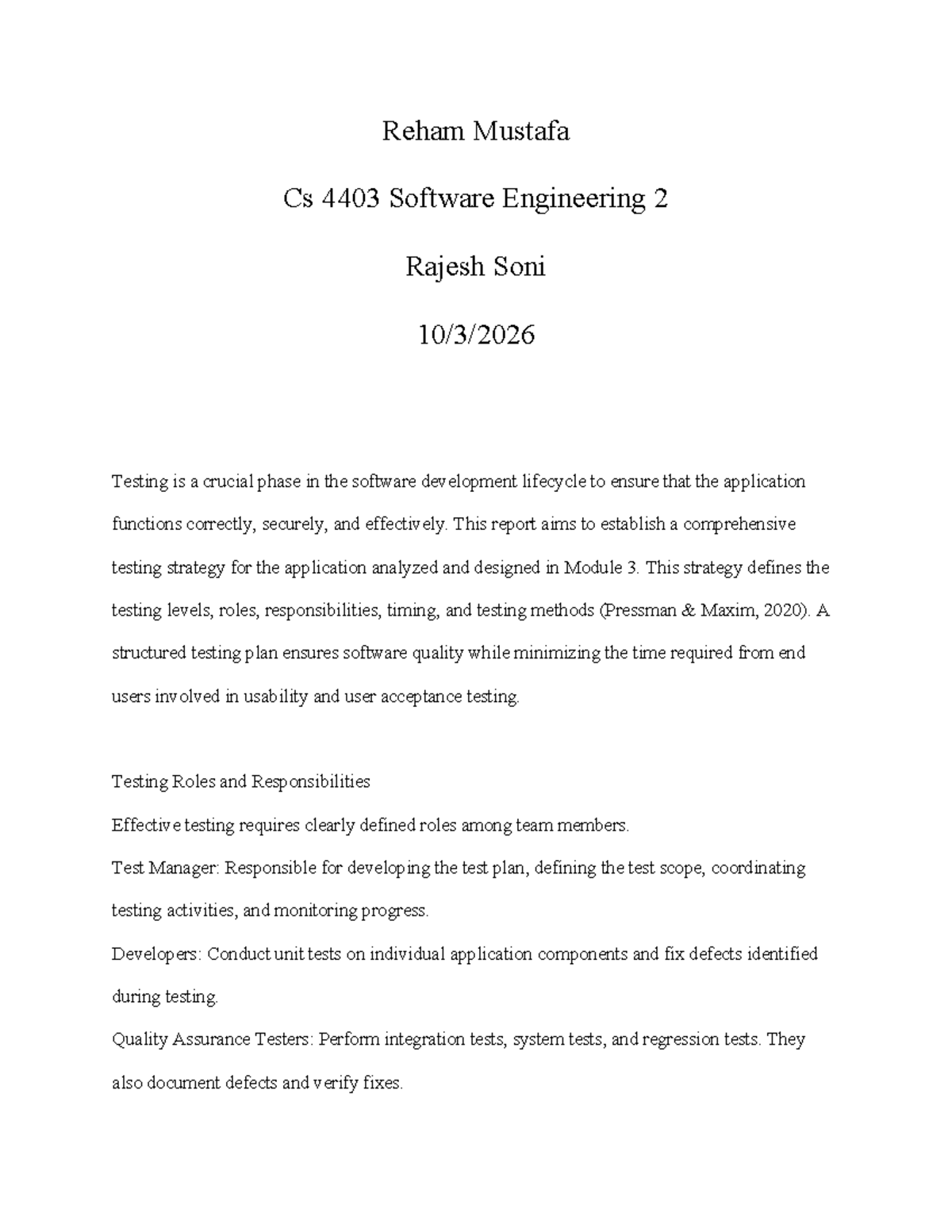 Cs 4403 Software Engineering 2: Comprehensive Testing Strategy Report ...
