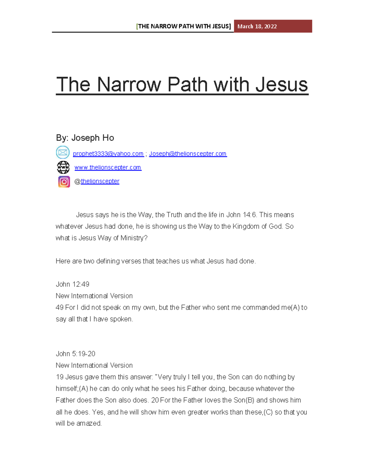 The Narrow Path with Jesus: Understanding His Way of Ministry - Studocu